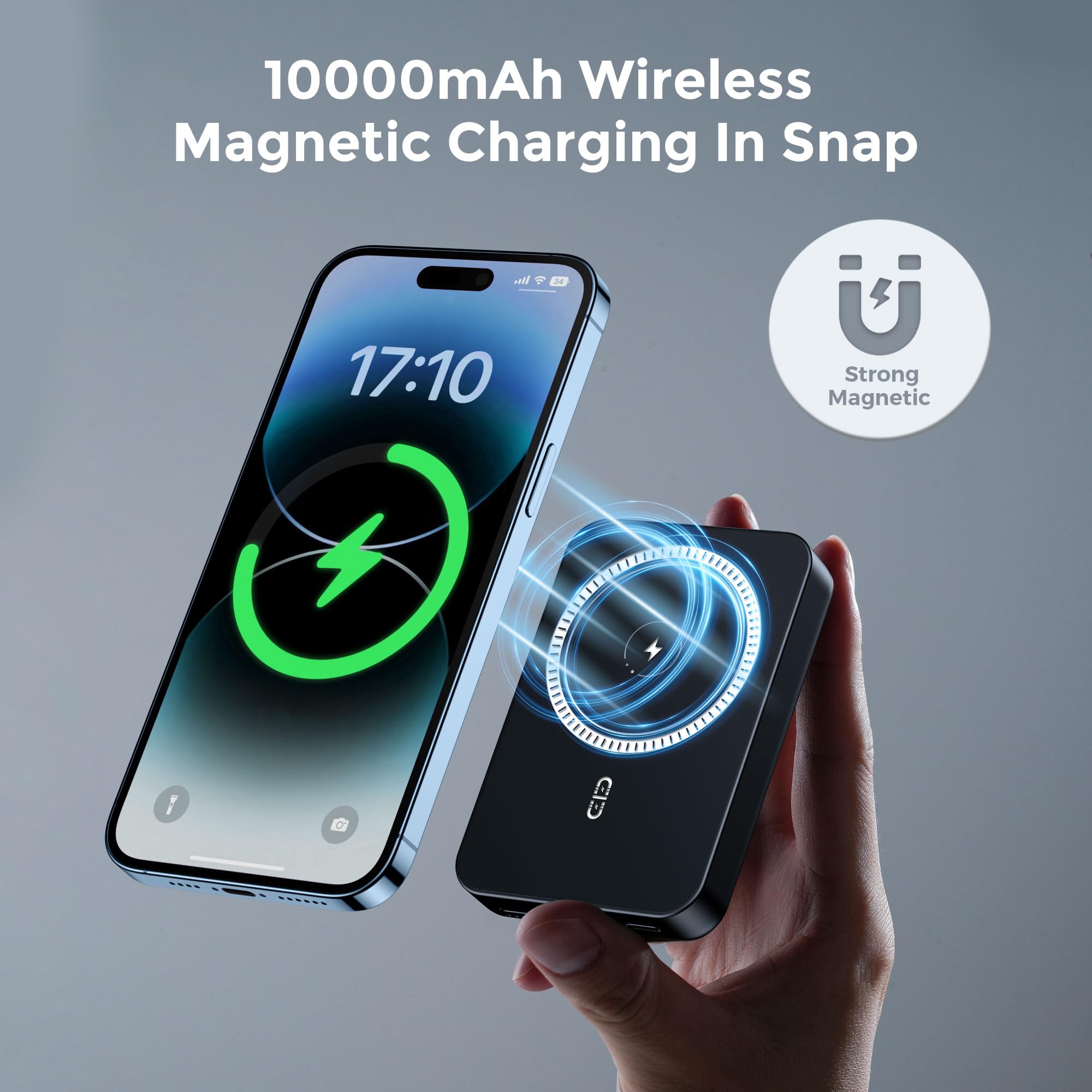 NOHON 10000mAh MagSafe Wireless Power Bank - 20W PD Fast Charging Portable Battery Pack with USB-C Cable for iPhone 15/14/13/12 Pro Max/Mini | Perfect for Travel, Office & Outdoor Charging (Black)