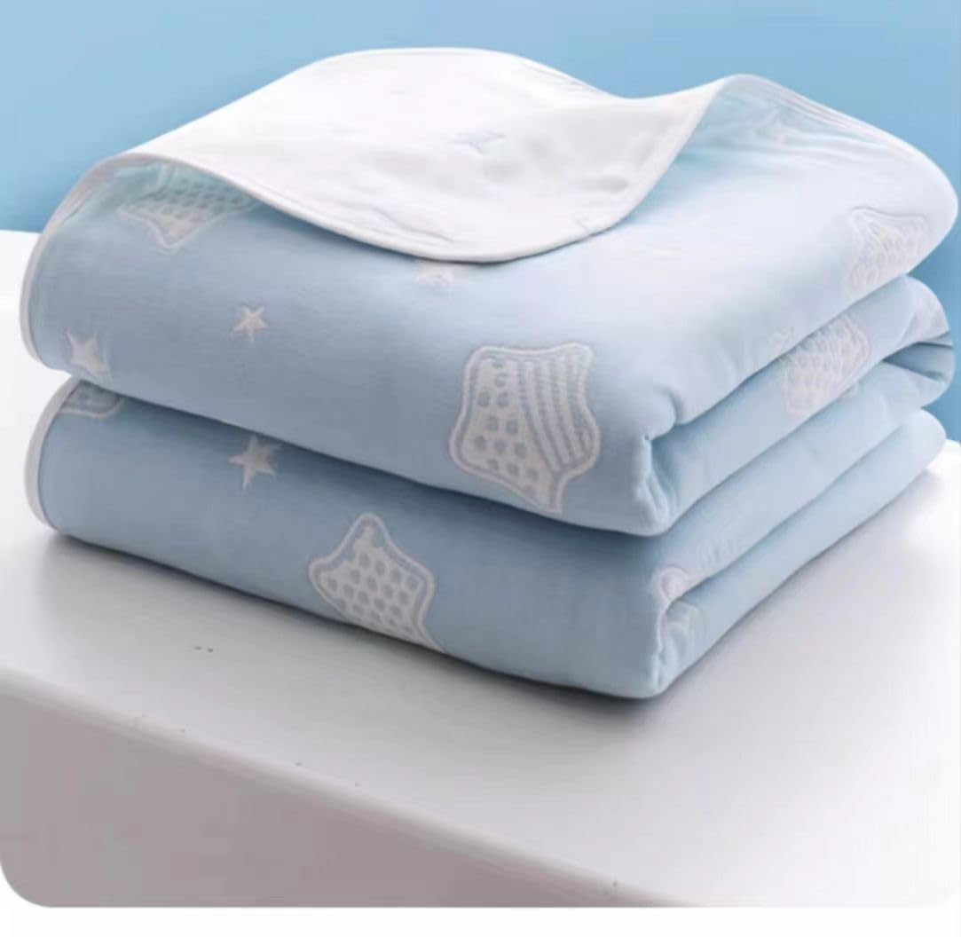 6-Layer 100% Cotton Muslin Blanket Queen Size - Cartoon Blue Star Design, Lightweight & Breathable for All Seasons | Perfect for Sofa, Bed, Nursery, Travel & Picnic Blanket