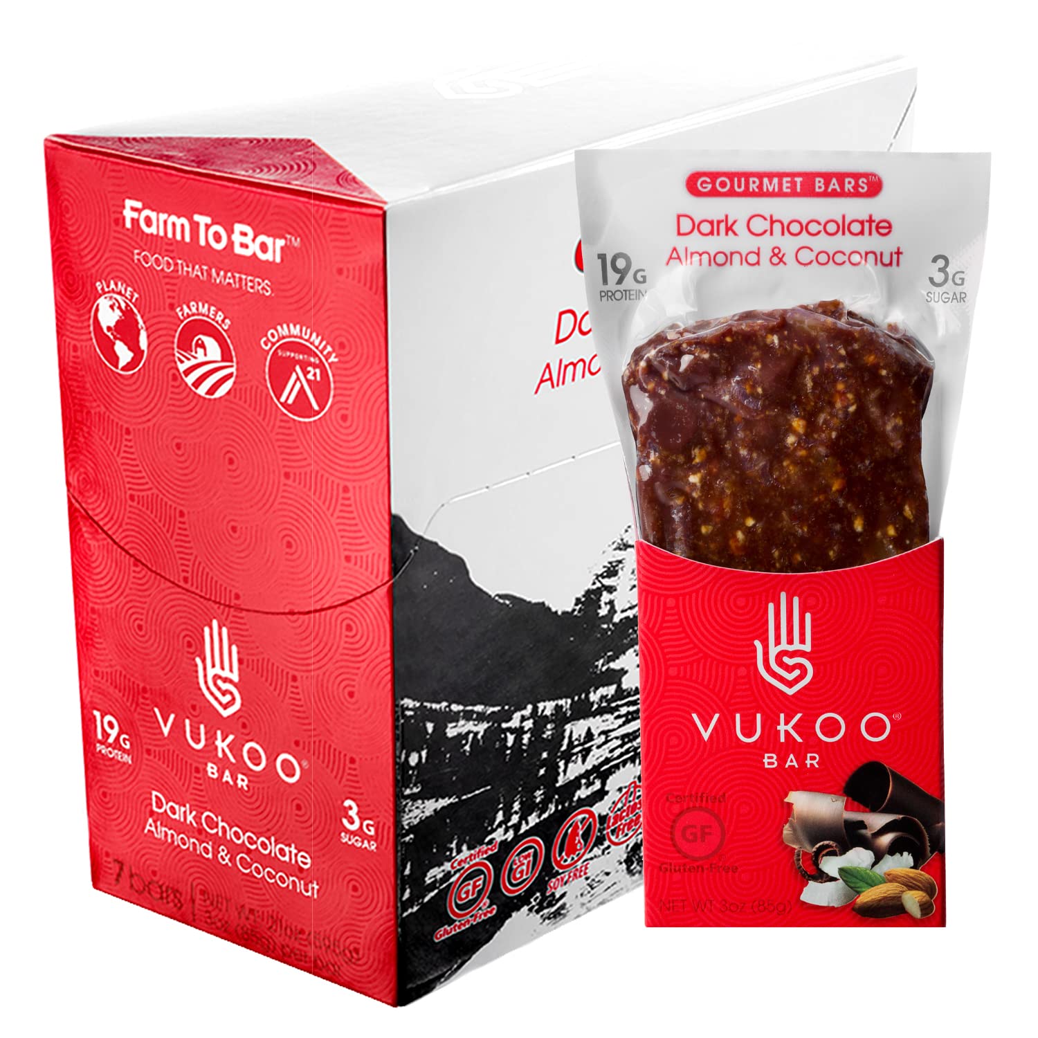 Vukoo Refrigerated Protein Bars - Dark Chocolate Almond Coconut Flavor (12 Pack) | 19g Protein, Organic Oats, Low Sugar, High Fiber, Gluten Free | Healthy Snack for Gym, Hiking, Workout & On-the-Go Nutrition