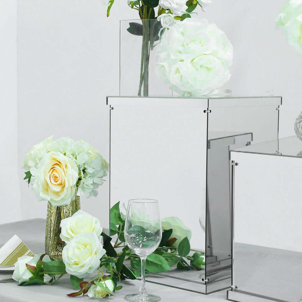 Efavormart 5-Piece Silver Mirror Finish Wedding Decor Set - Clear Display Box for Centerpieces with Interchangeable Lid & Base - Perfect for Bridal Showers, Receptions & Special Events