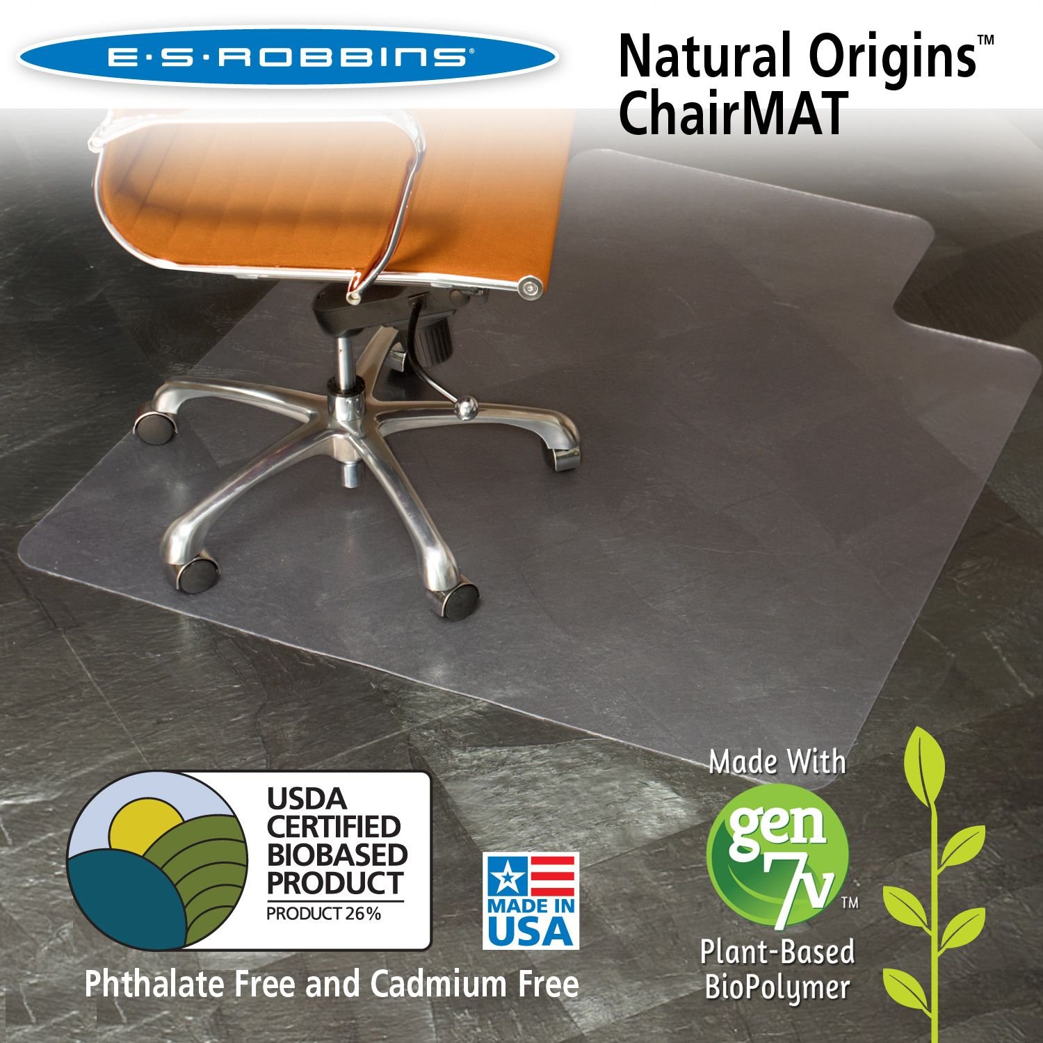 ES Robbins Natural Origins Chair Mat with Lip for Hard Floors - 53