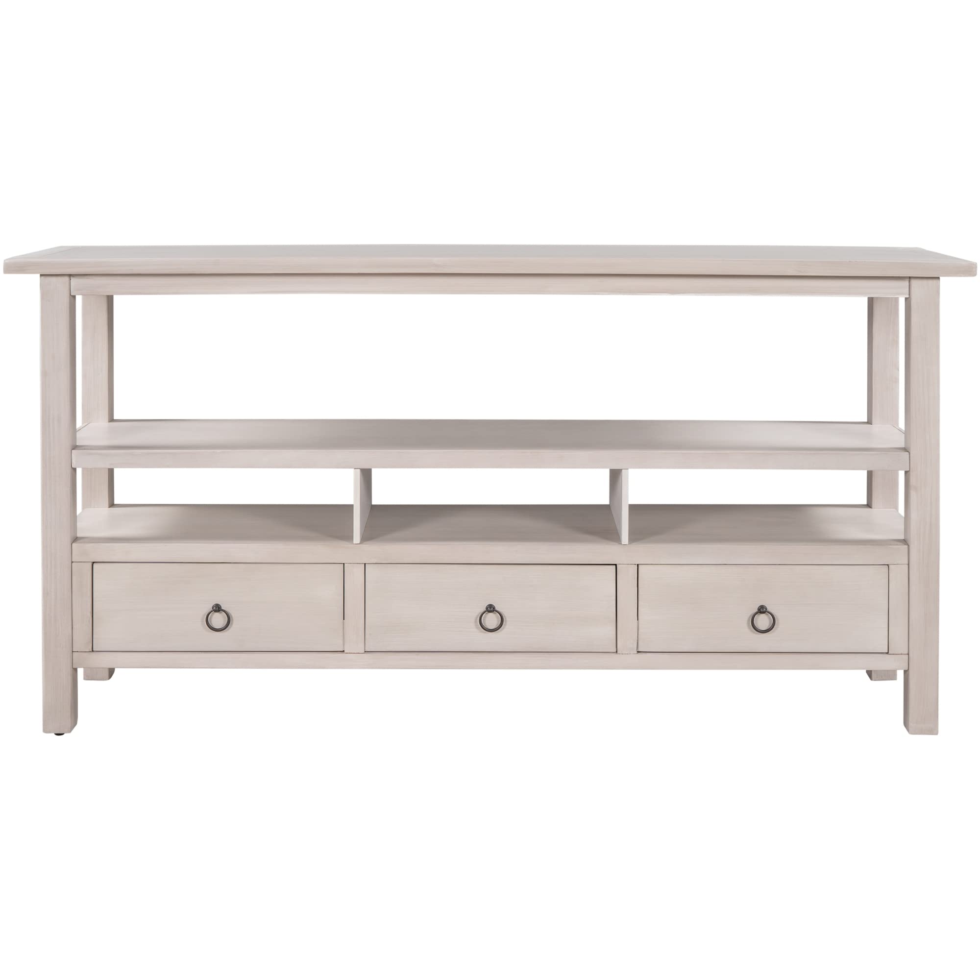 Rustic Solid Wood Console Table with Double-Tier Tabletop & 3 Drawers - Gray Wash Finish for Living Room, Entryway, or Hallway Decor
