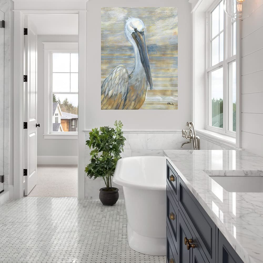Golden Salty Pelican Canvas Wall Art by Paul Brent - Handmade Fine Art Print for Living Room, Bedroom, Office & More - 35x46 Inches - Ready to Hang - Coastal & Nautical Home Decor for Beach Houses, Restaurants & Vacation Rentals