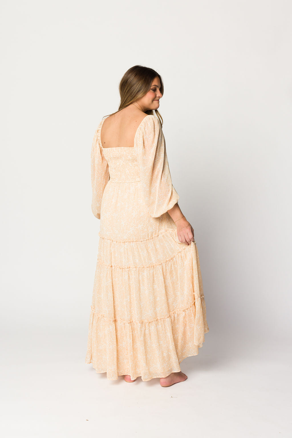 Daphne Long Sleeve Maxi Dress - Light Beige/White Floral Print | Bump Friendly Maternity & Inclusive Sizing (XS-3XL) | Perfect for Pregnancy, Weddings & Special Occasions