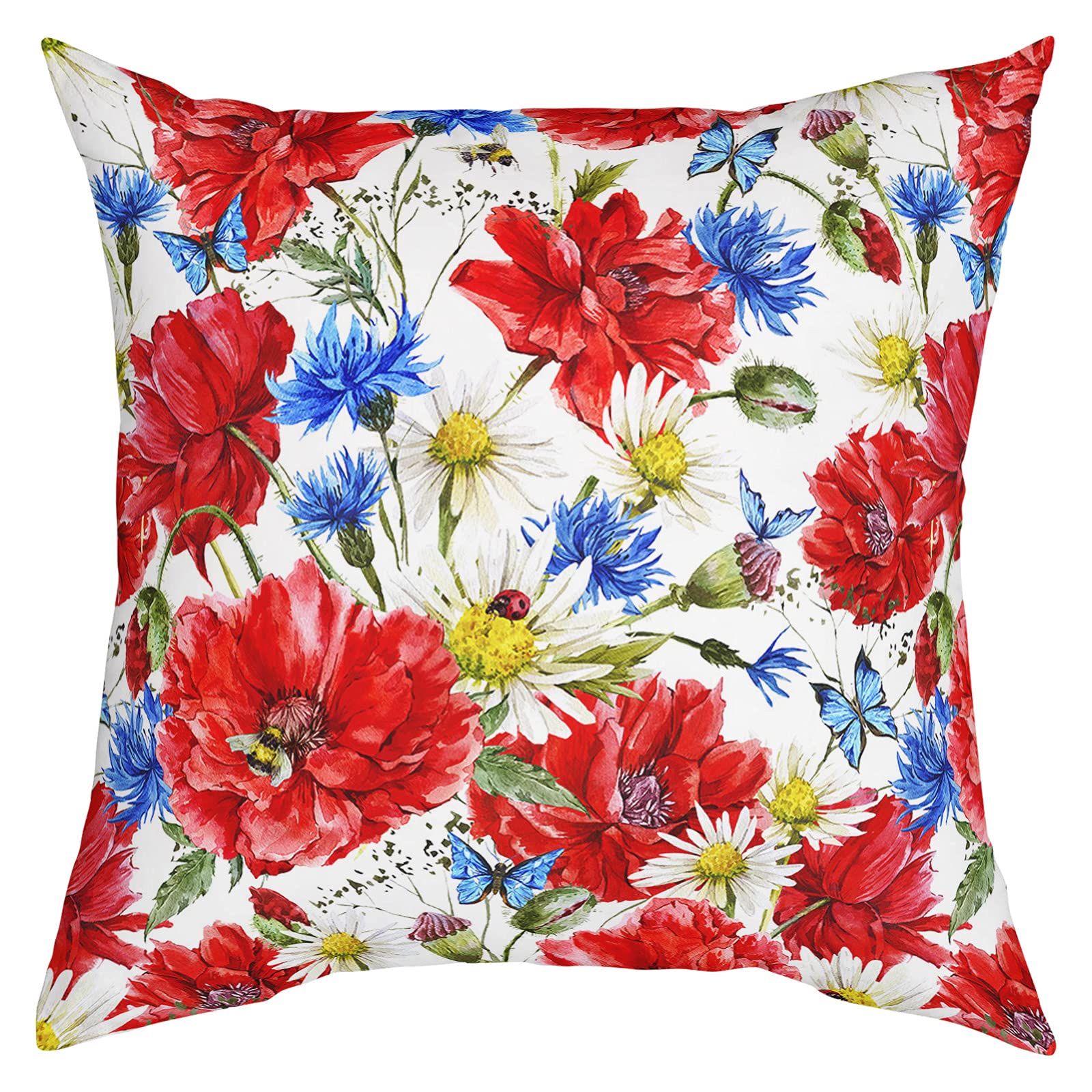Red Poppies and Blue Cornflowers Decorative Throw Pillow Covers 24x24 Inch - Square Pillow Cases for Couch, Sofa, Bedroom, Car - Indoor/Outdoor Independence Day Home Decor - Perfect for Living Room, Patio, and Seasonal Holiday Styling
