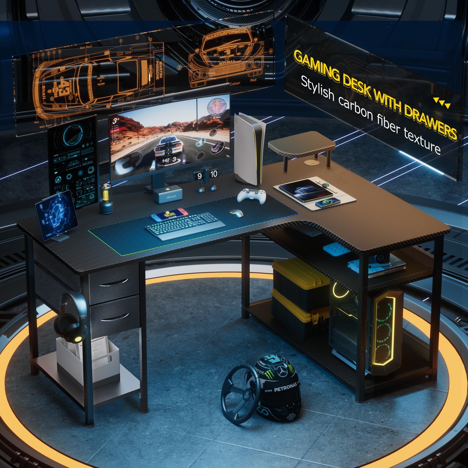 GTRACING L-Shaped Gaming Desk with Drawers - Carbon Fiber Style for Home Office & PC Setup