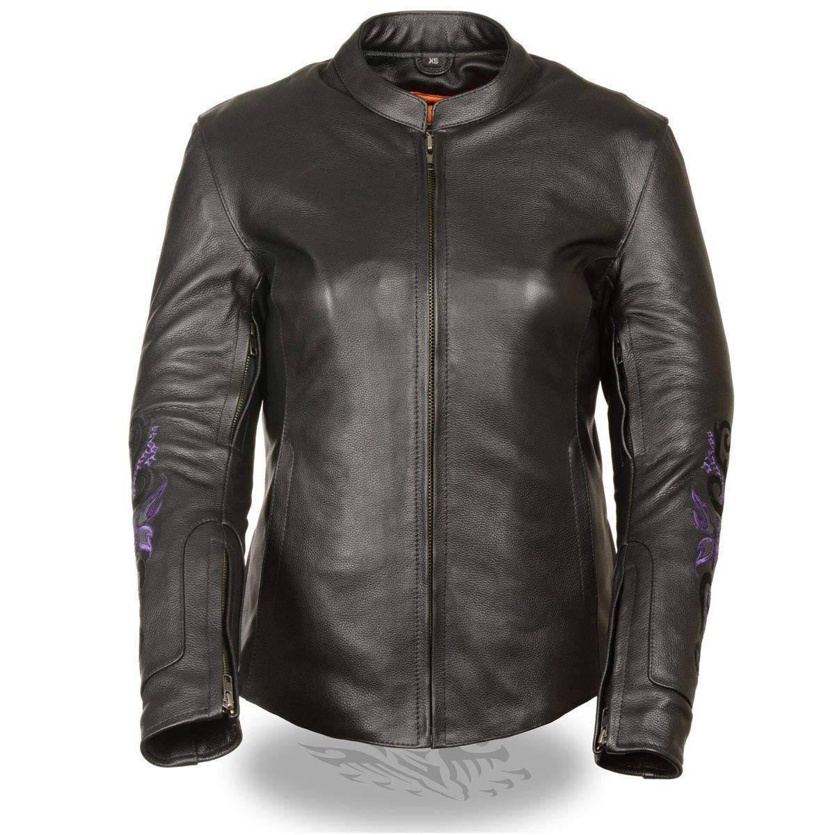 Milwaukee Leather ML2071 Women's Black Genuine Leather Jacket with Purple Butterfly Embroidery - Stylish Biker Jacket for Riding, Night Out & Fashion Statement