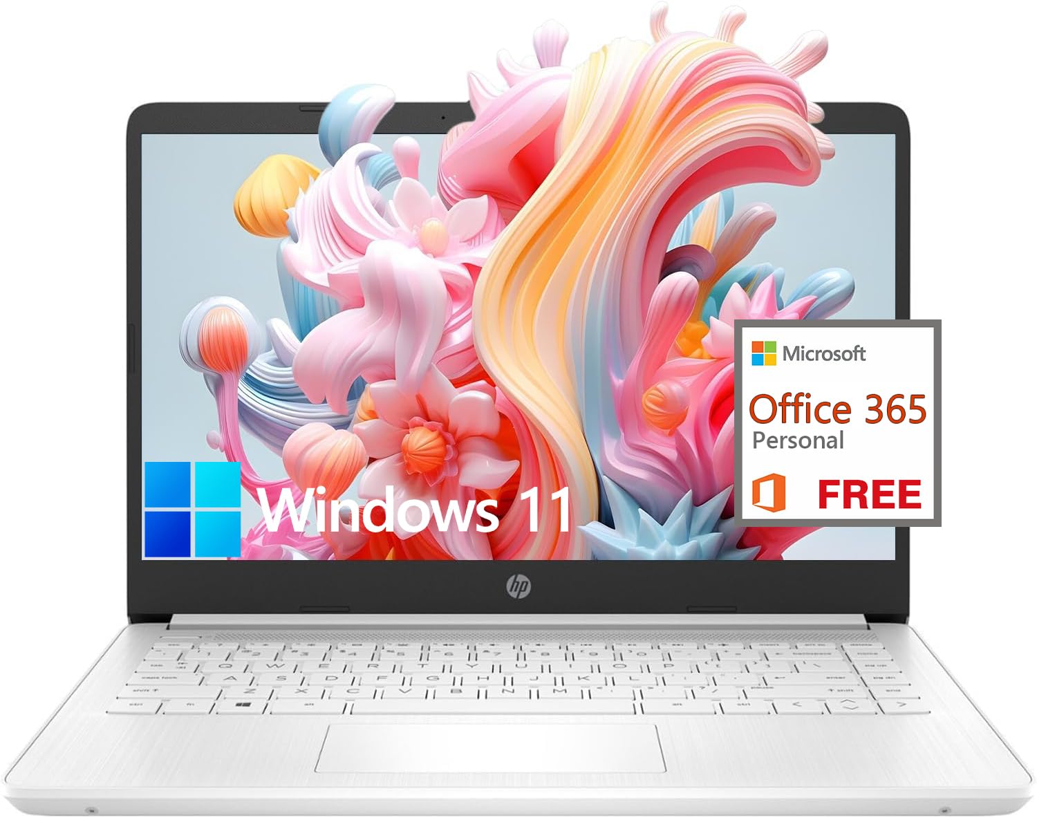 HP 14-inch Thin & Light Laptop for Students - Intel Processor, 8GB RAM, 64GB eMMC + 128GB SD Card, Windows 11, 1 Year Microsoft Office, Webcam, Long Battery Life (White) - Perfect for College, Online Classes & Remote Work