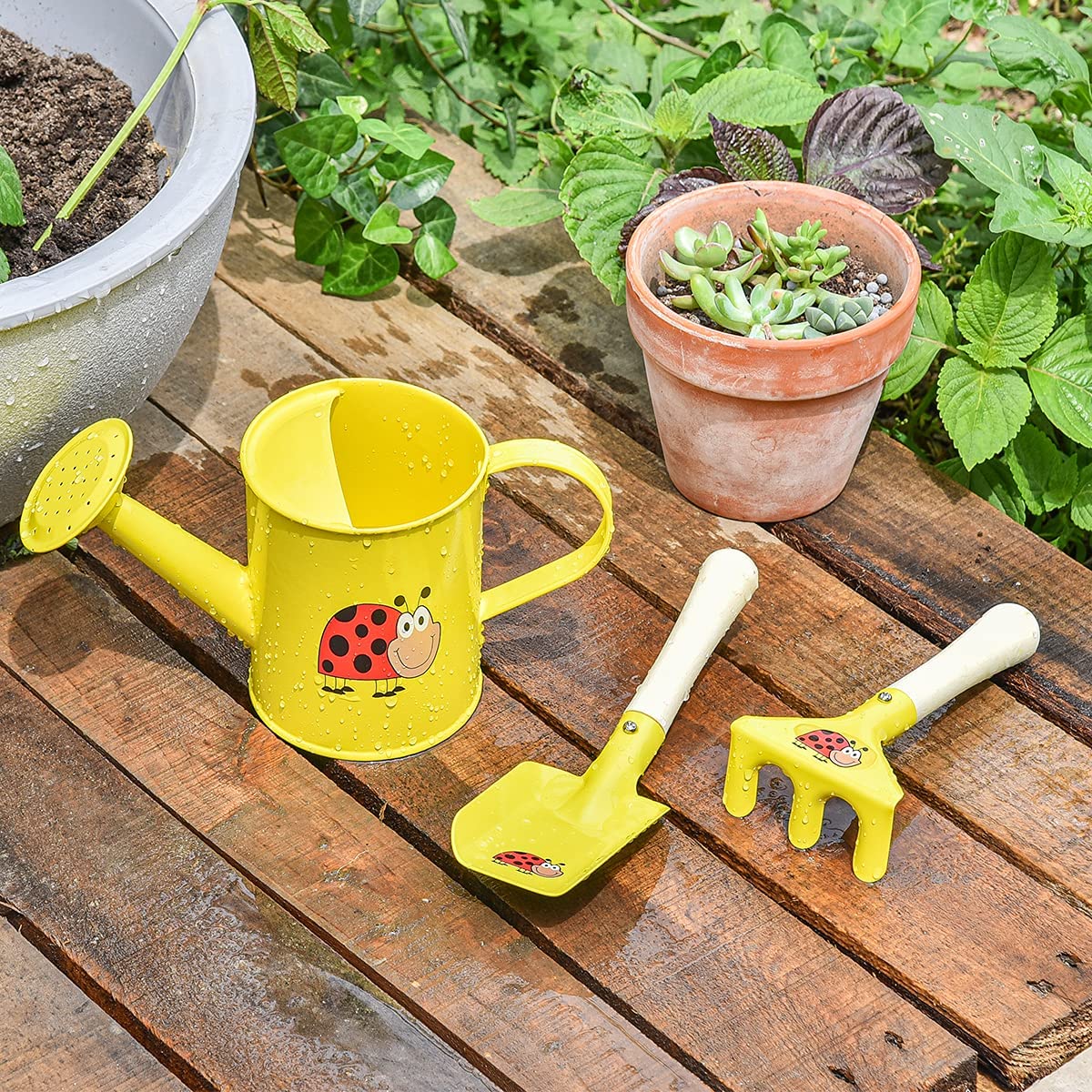Sungmor Metal Watering Can Set - Mini Garden Tools Kit with Watering Can, Trowel & Rake - Cute Gardening Hand Tools for Backyard, Beach & Indoor Plants - Perfect Gift for Garden Lovers