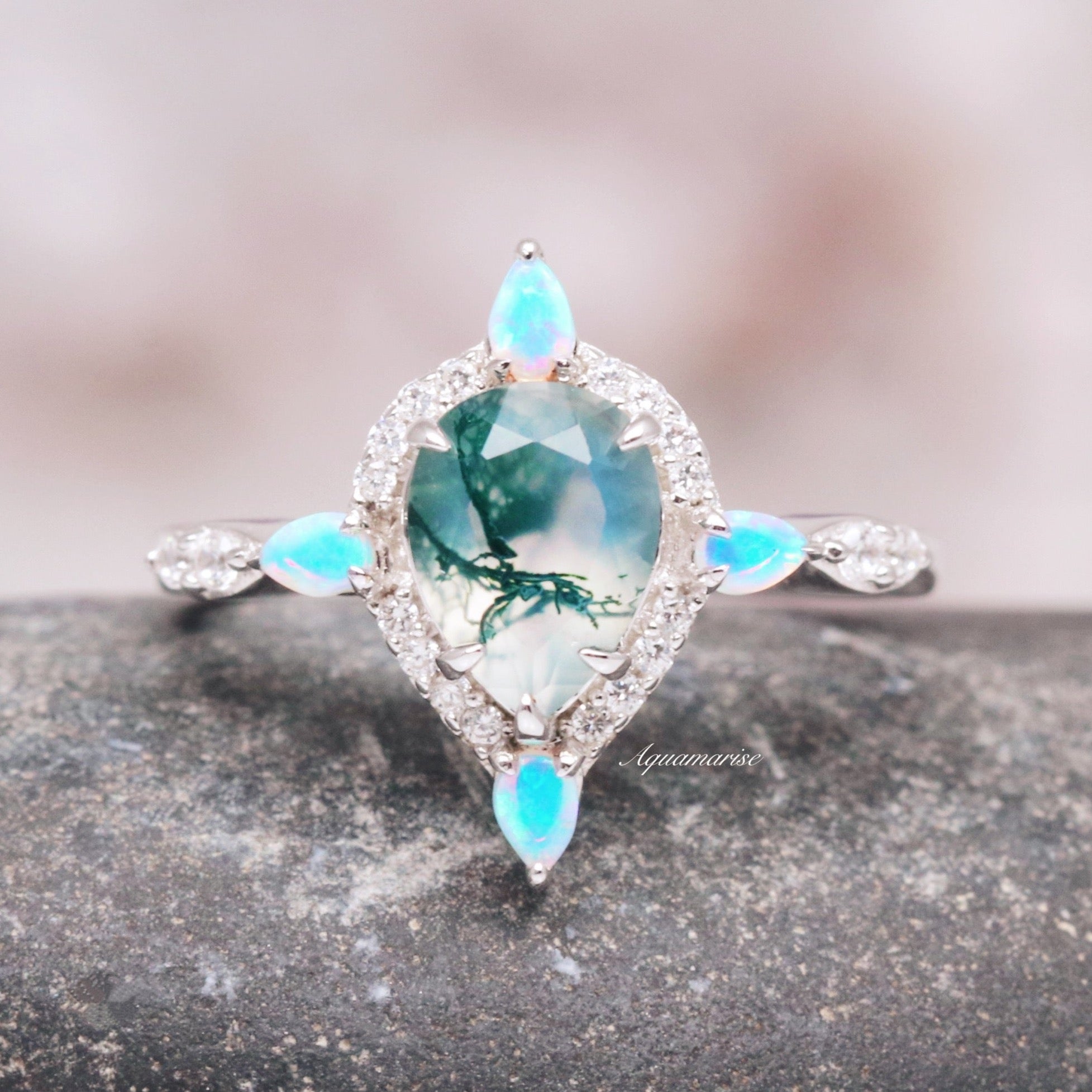 Exquisite 14K White Gold Green Moss Agate & Fire Opal Engagement Ring for Women | Nature-Inspired Wedding Jewelry | Perfect for Proposals, Anniversaries & Special Occasions