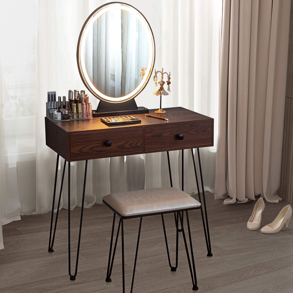 Charmaid Makeup Vanity Table with LED Lighted Mirror - 3 Color Lighting Modes, Adjustable Brightness, 2 Spacious Drawers & Acrylic Storage Organizers - Girls Bedroom Dressing Table Set with Stool (Walnut) - Perfect for Makeup Application, Skincare Routine & Home Decor