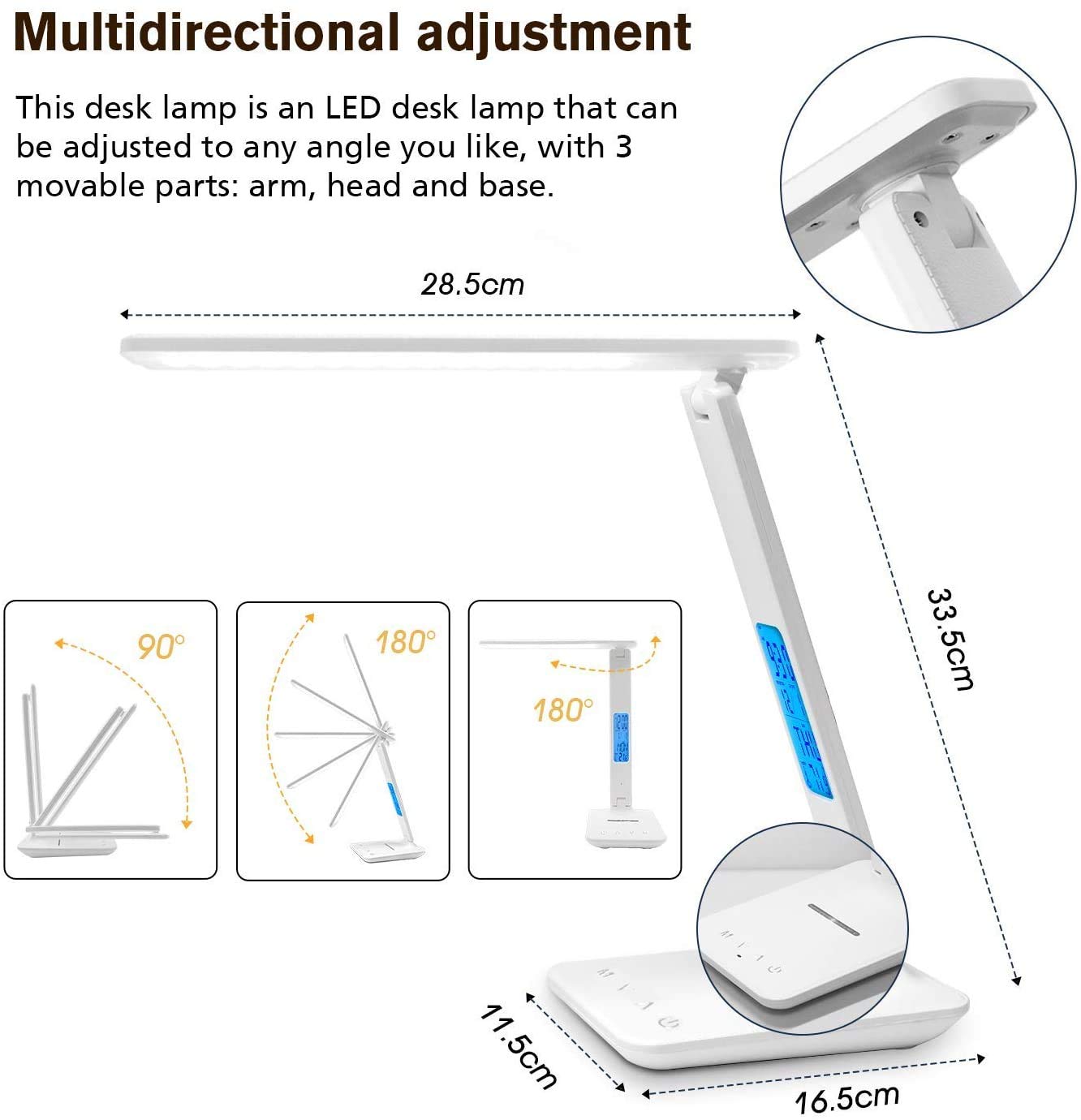 LED Desk Lamp with USB Charging & Wireless Charger - Adjustable Foldable Table Lamp with Clock, Alarm & Date Display - 5-Level Dimmable Lighting for Home Office, Studying, Reading & Working (White) - Perfect for Nightstands, Dorm Rooms & Workspaces