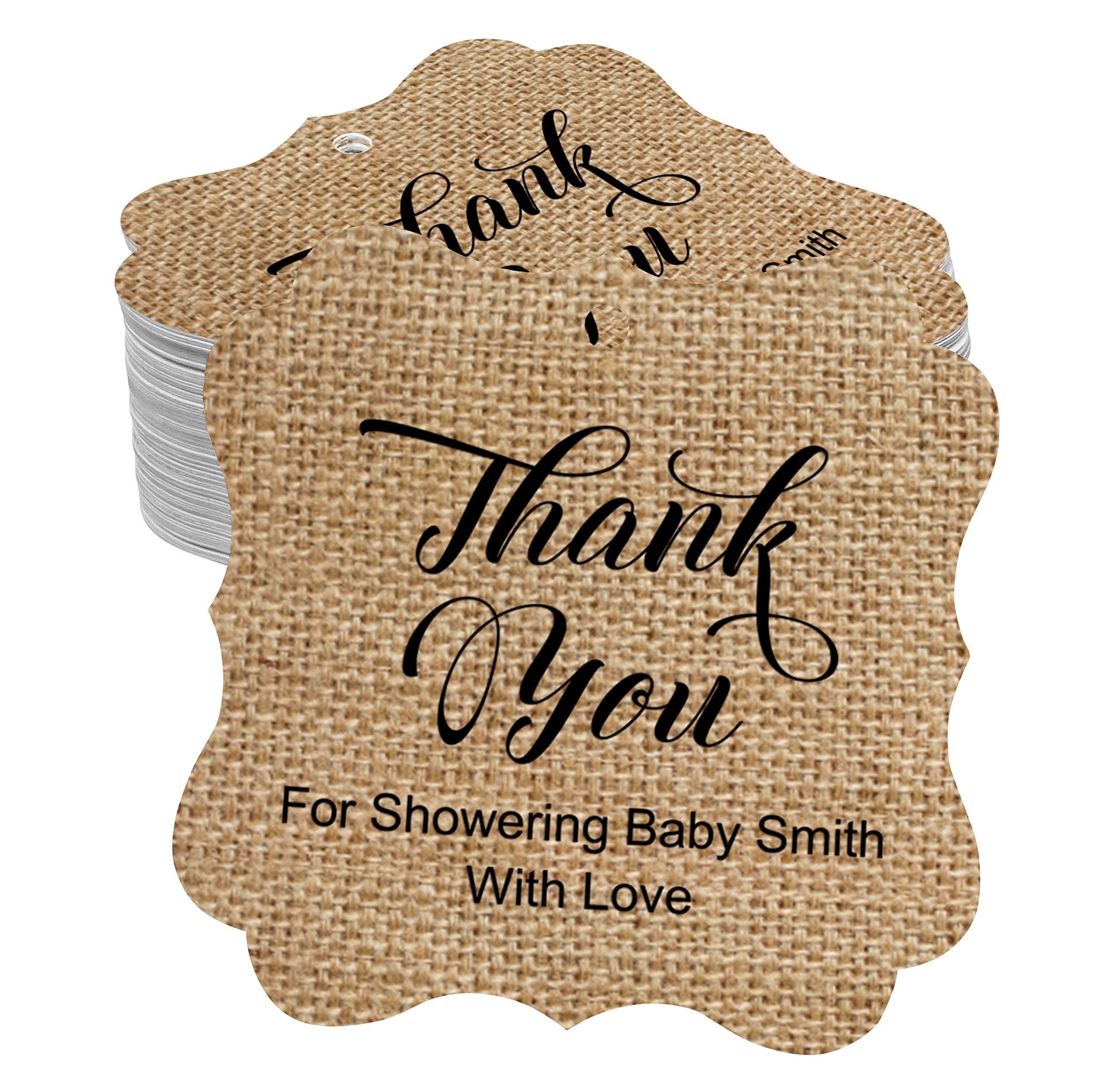 Custom Baby Shower Thank You Favor Gift Tags - 50 Pack Burlap Hang Tags for Newborn Celebrations, Party Decor & Wedding Favors