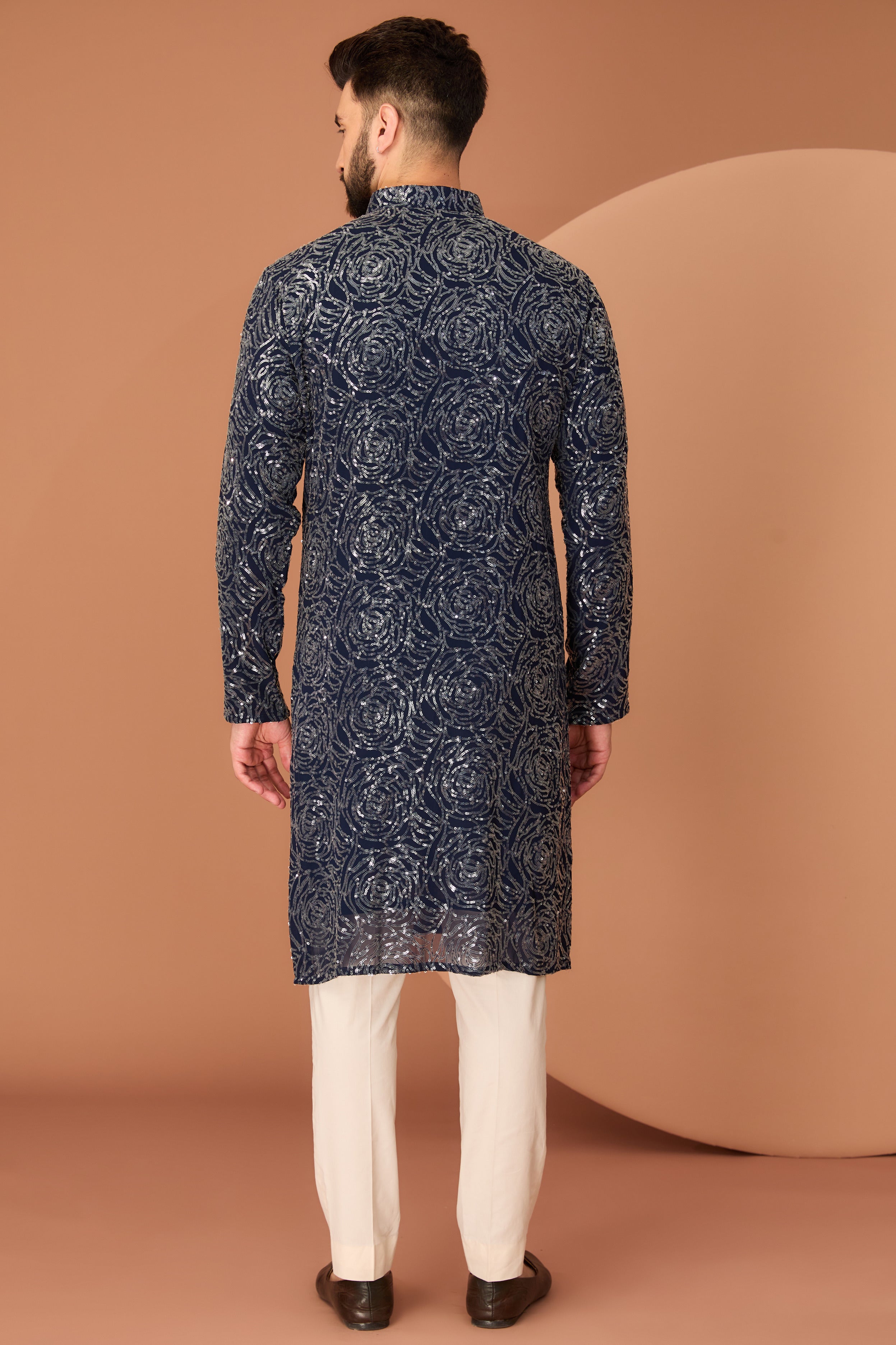 Elegant Midnight Blue Fully Sequined Kurta with Floral Embroidery - Perfect for Festivals, Weddings & Special Occasions