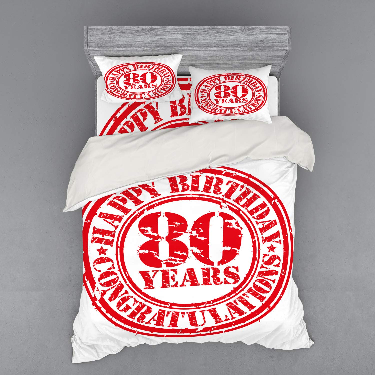Ambesonne 80th Birthday Duvet Cover Set - Retro Grunge Stamp Design for 80 Years Old Celebration, 4-Piece Queen Size Bedding Set with Shams & Fitted Sheet in Red & White - Perfect for Birthday Gifts, Themed Parties & Vintage Home Decor