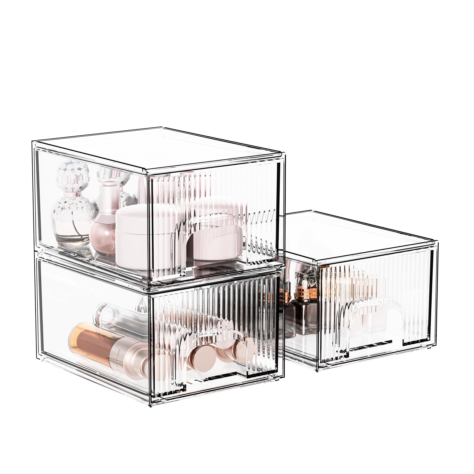 3 Pack Clear Acrylic Stackable Storage Drawers - 4 Inch Height Makeup Organizer for Vanity | Plastic Drawer Storage for Bathroom, Kitchen, Under Sink | Perfect for Jewelry, Cosmetics & Home Organization (Space-Saving Design)