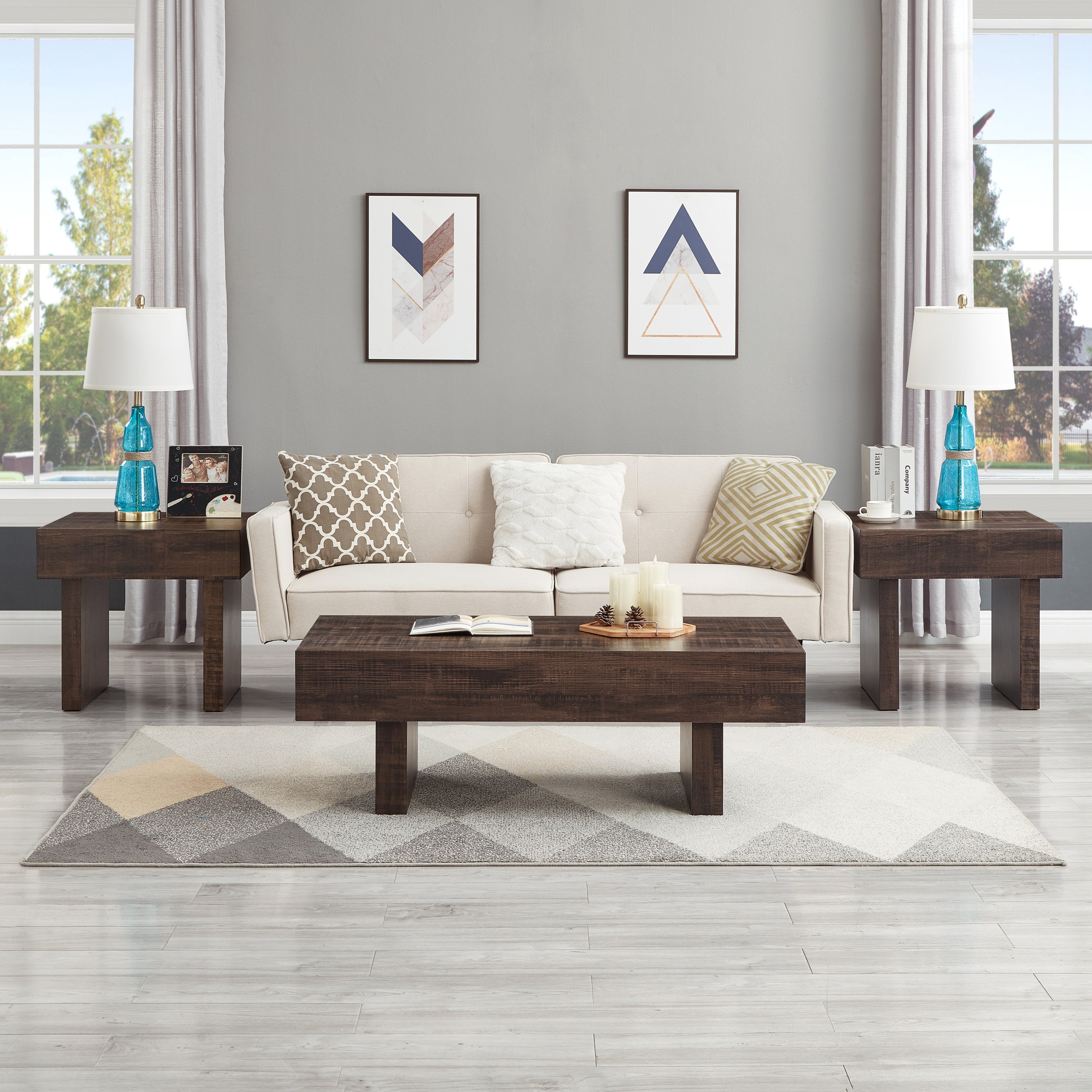 Roundhill Furniture Athens 3-Piece Modern Accent Coffee Table Set with 2 End Tables - Perfect for Living Room, Lounge & Home Decor