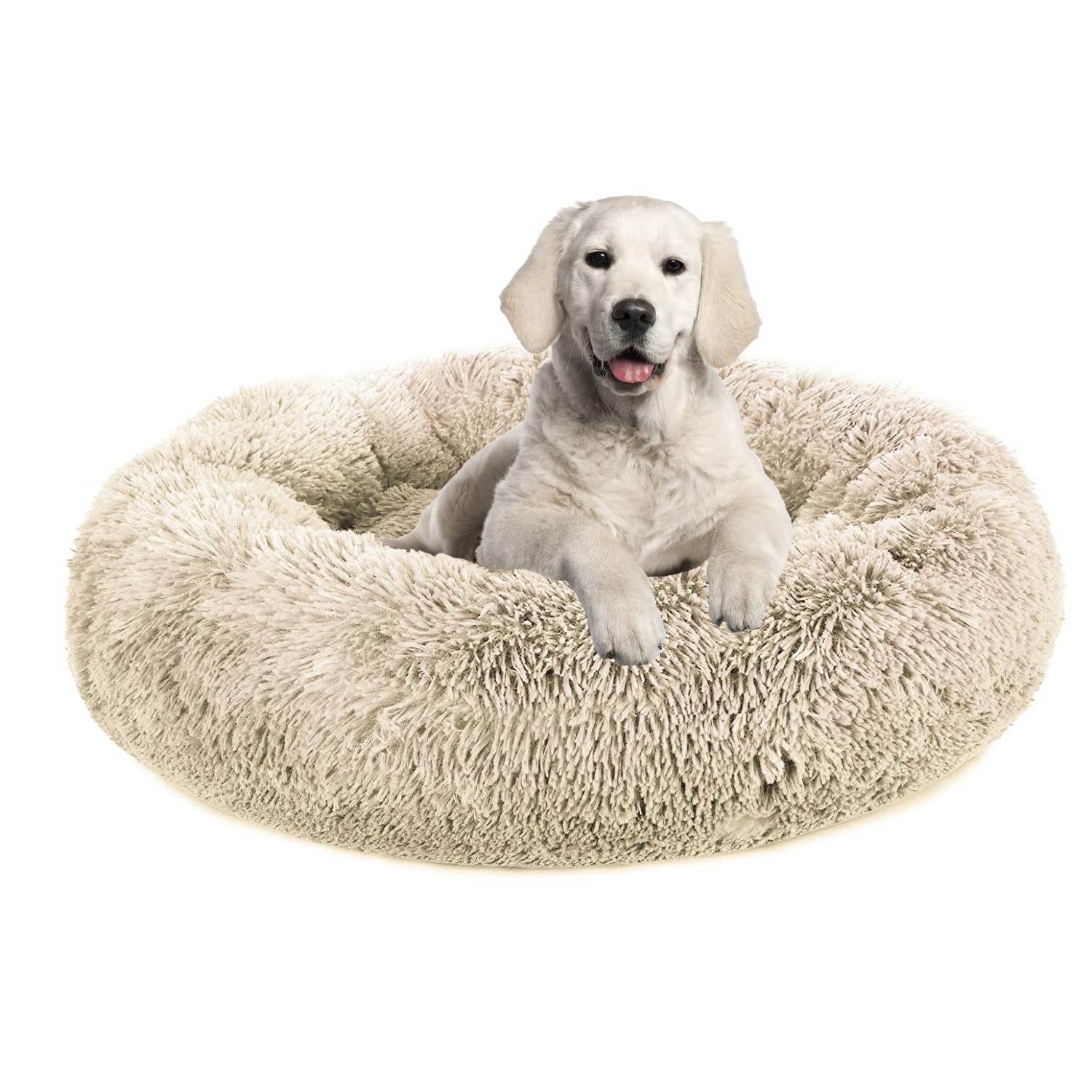 Plush Calming Dog Bed for Small Medium Large Dogs & Cats - Anti Anxiety Round Donut Pet Bed with Soft Fuzzy Material, Comfy Marshmallow Cuddler Nest - Perfect for Anxious Pets, Puppy Napping & Cat Lounging