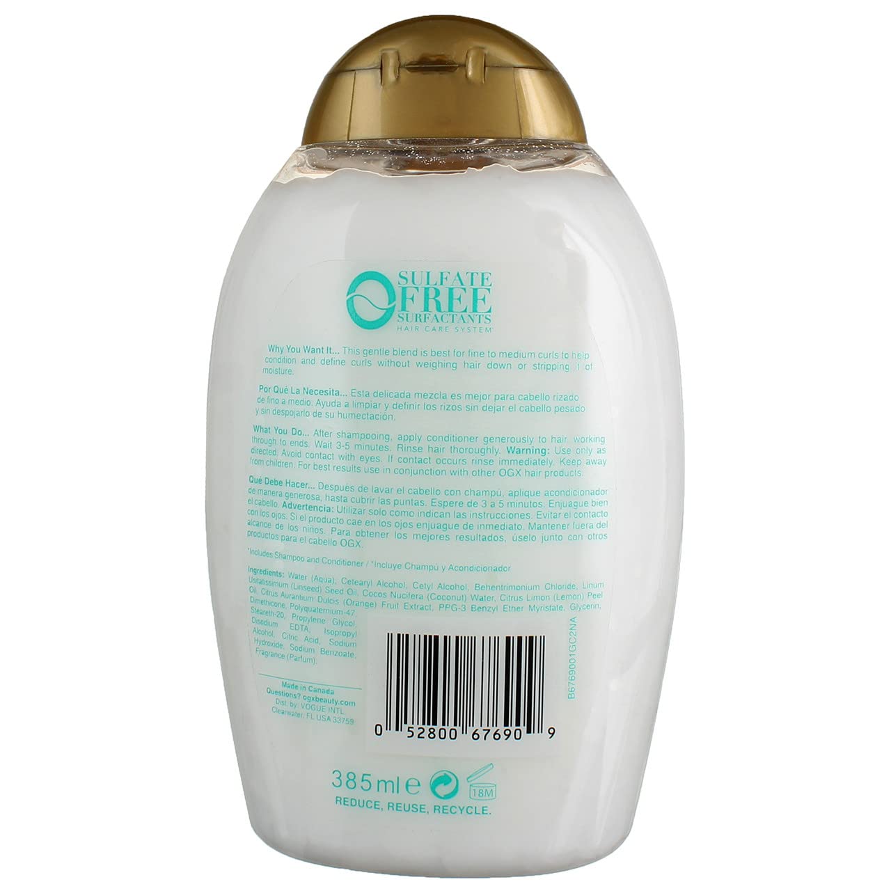 OGX Coconut Fine Curls Conditioner for Curly Hair, 13 oz (385ml) - Pack of 6 | Hydrating & Defining for Soft, Bouncy Curls | Perfect for Daily Hair Care & Salon-Quality Results at Home