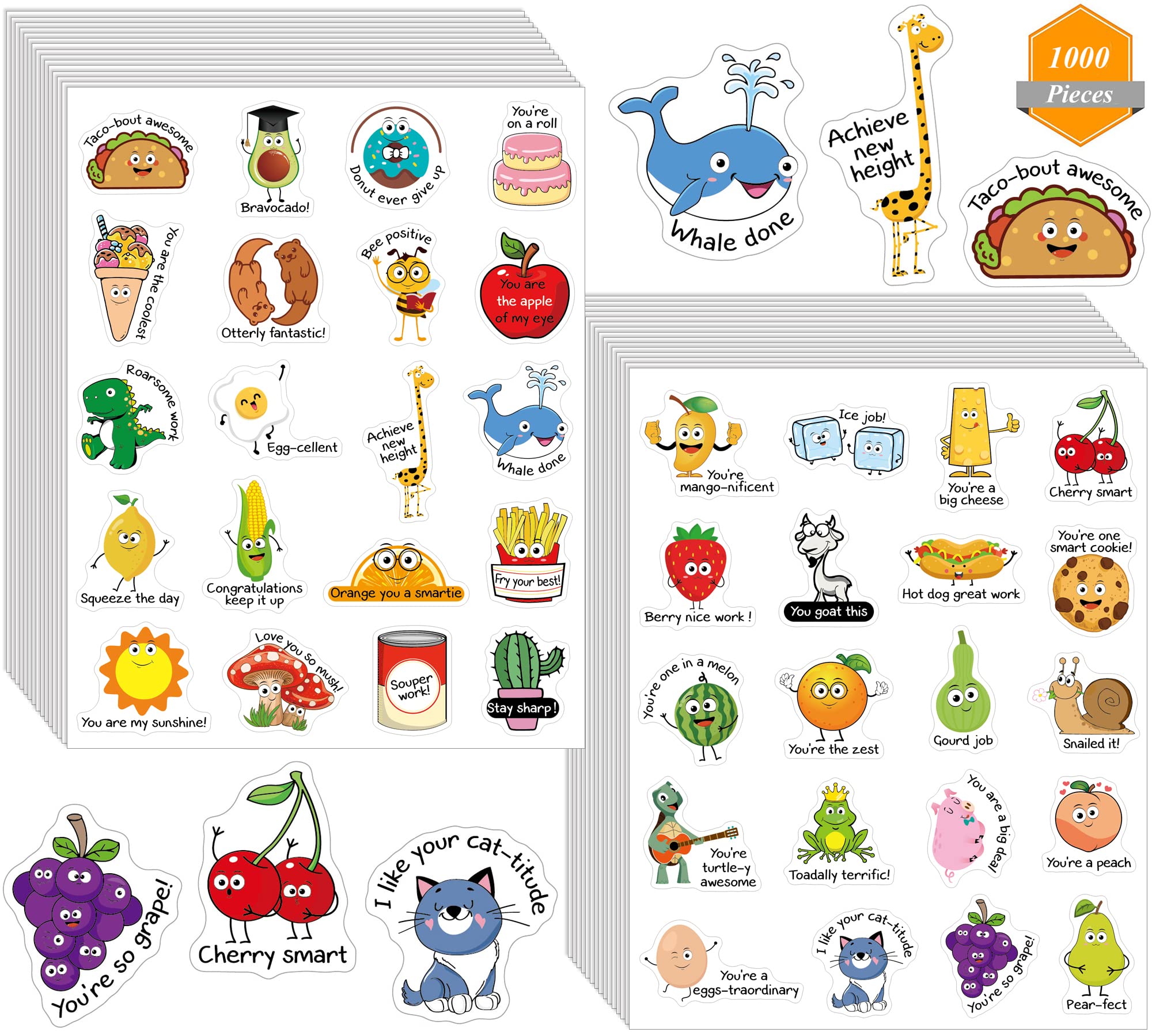 1000 Pieces Punny Motivational Stickers for Kids - Inspirational Positive Words, Cute Cartoon Reward Stickers for Teachers, Classroom, School & Home Supplies - Perfect for Student Incentives, DIY Projects & Bulletin Boards
