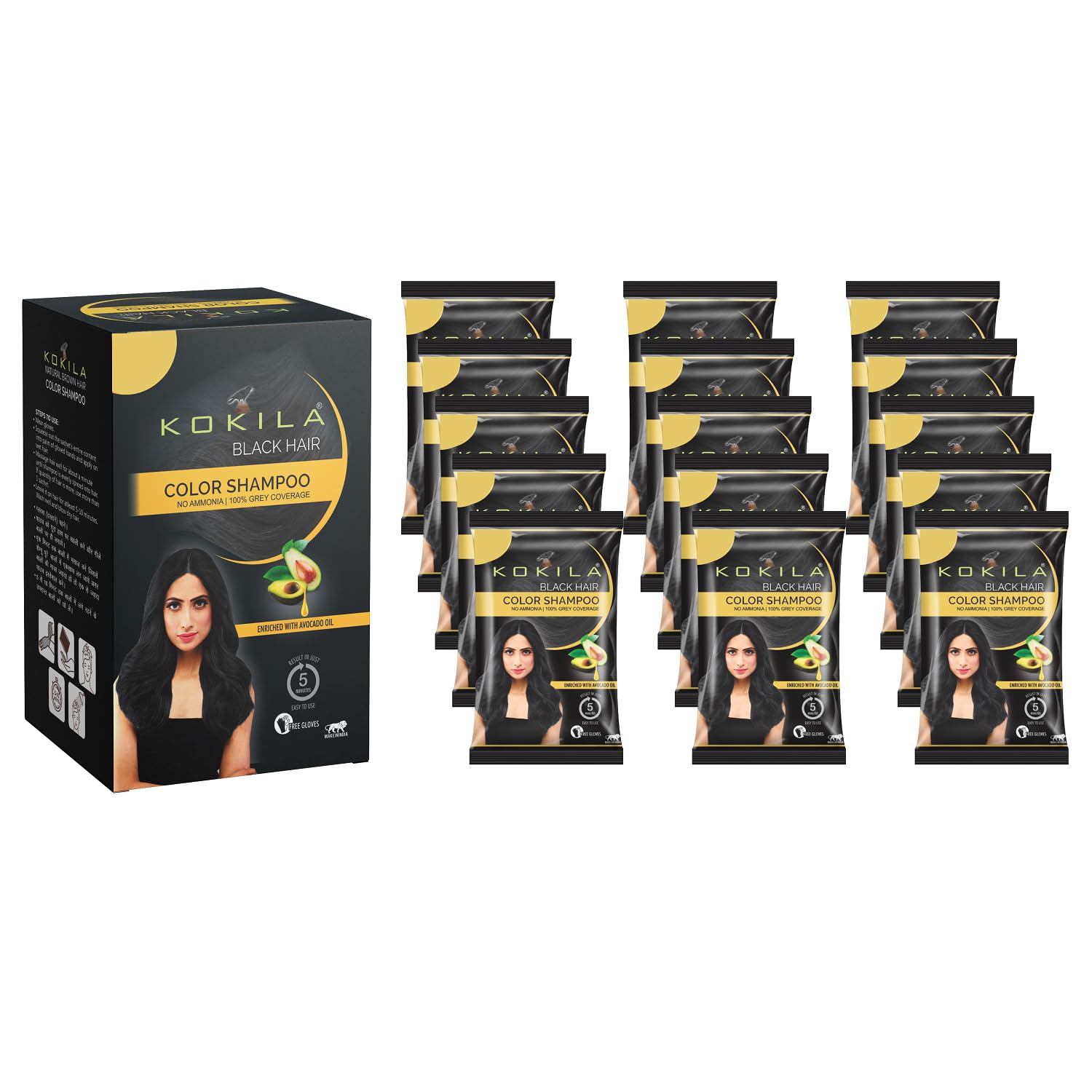 Kokila Unisex Instant Hair Color Shampoo with Almond Oil - 5 Minute Long-Lasting Black Hair Dye (10 Pack, 15ML Each) - Perfect for Quick Touch-Ups, Gray Coverage & At-Home Hair Coloring