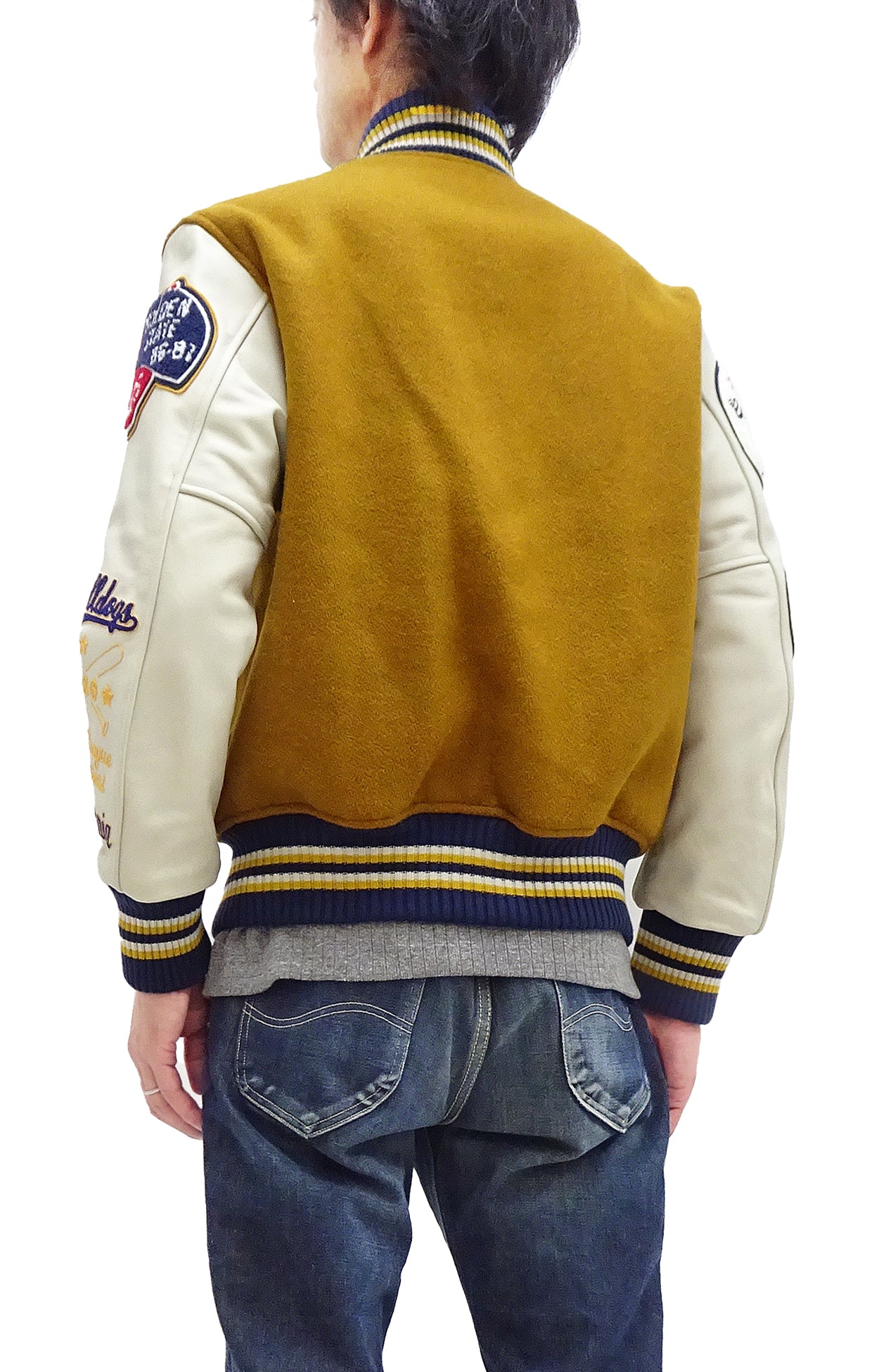 Whitesville Men's Varsity Jacket - Letterman Jacket with Melton Wool & Leather Sleeves (WV15385) - Gold/Ivory Color - Perfect for School Sports, College Events & Casual Wear