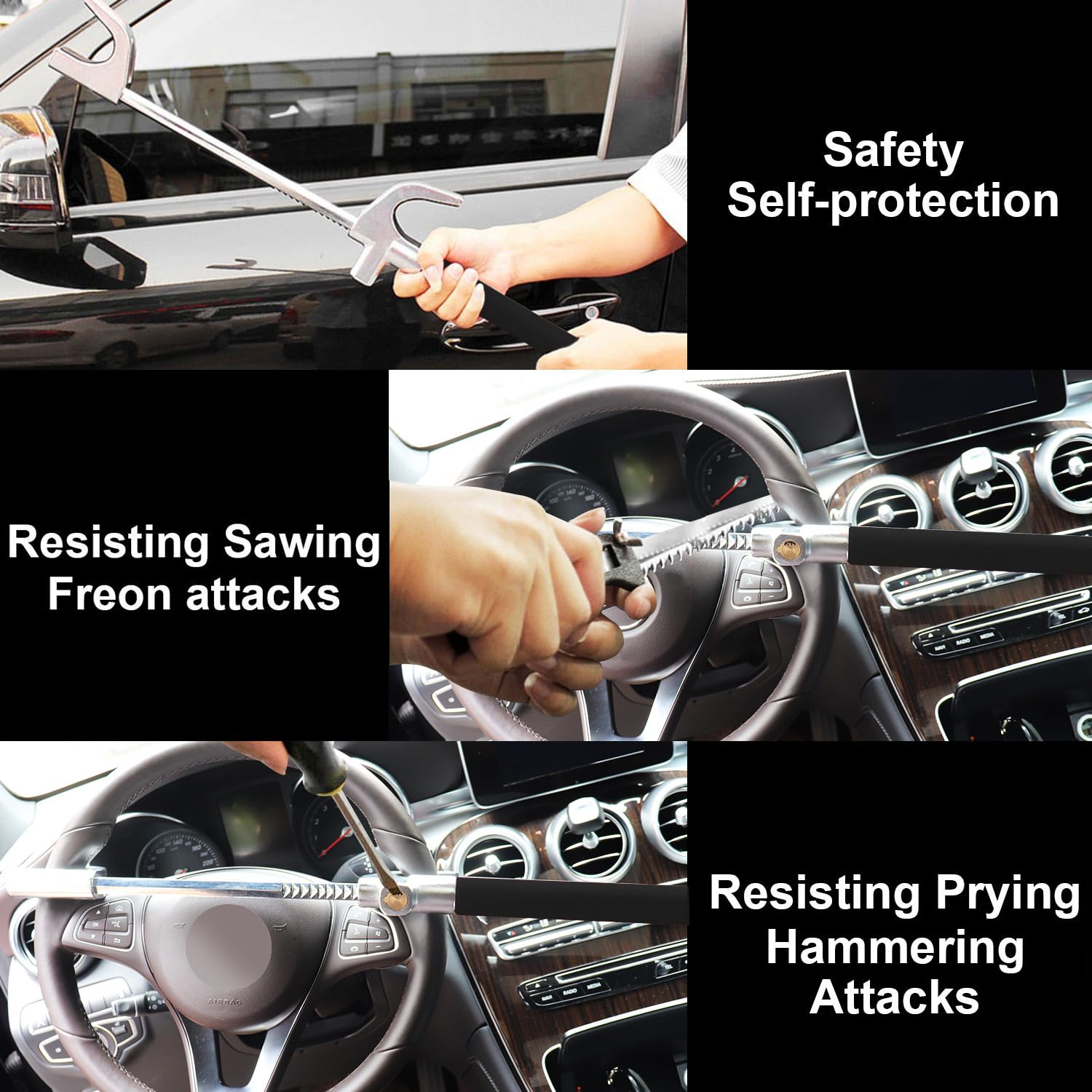 Tevlaphee Universal Steering Wheel Lock - Anti-Theft Car Security Device with Adjustable Double Hook, Emergency Hammer & Window Breaker for Self Defense - Heavy Duty Vehicle Protection (Black) | Ideal for Parking Security & Roadside Emergencies