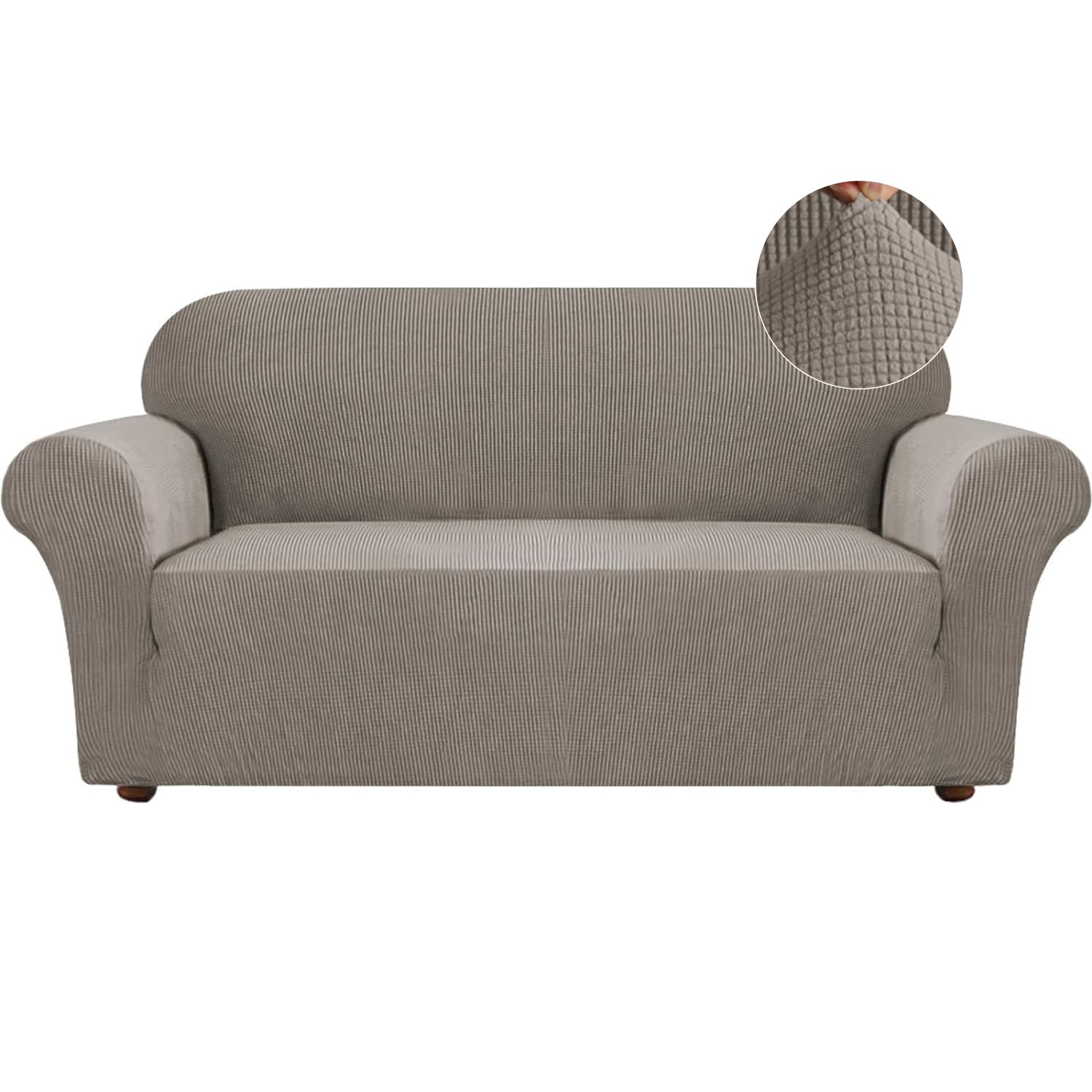 Turquoise Jacquard Stretch Sofa Slipcover - 3 Cushion Couch Cover with Elastic Bottom, 1-Piece Pet-Friendly Furniture Protector for Living Room (Taupe) | Perfect for Home Decor, Pet Owners & Sofa Protection
