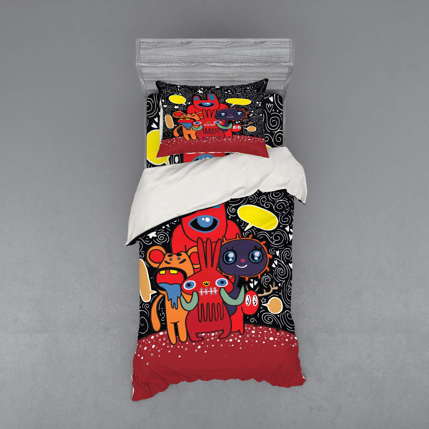 Ambesonne Indie Monster City Bedding Set - 3 Piece Duvet Cover with Sham & Fitted Sheet, Twin XL, Funny Character Print with Speech Bubbles, Floral Swirls, Hearts & Stars - Perfect for Kids Rooms, Dorm Decor & Unique Gift Ideas