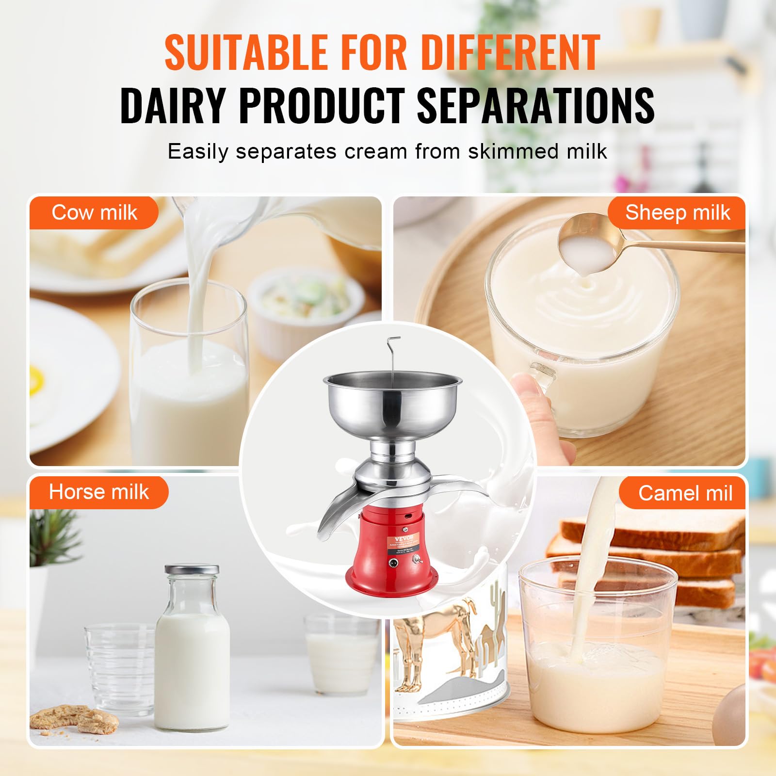 VEVOR Electric Milk Cream Separator, 304 Stainless Steel Goat & Cow Milk Skimmer, 100L/H 10500RPM, 30W 5L Bowl Capacity, 100-240V - Perfect for Home Dairy, Farm Use & Small Business Cheese Making