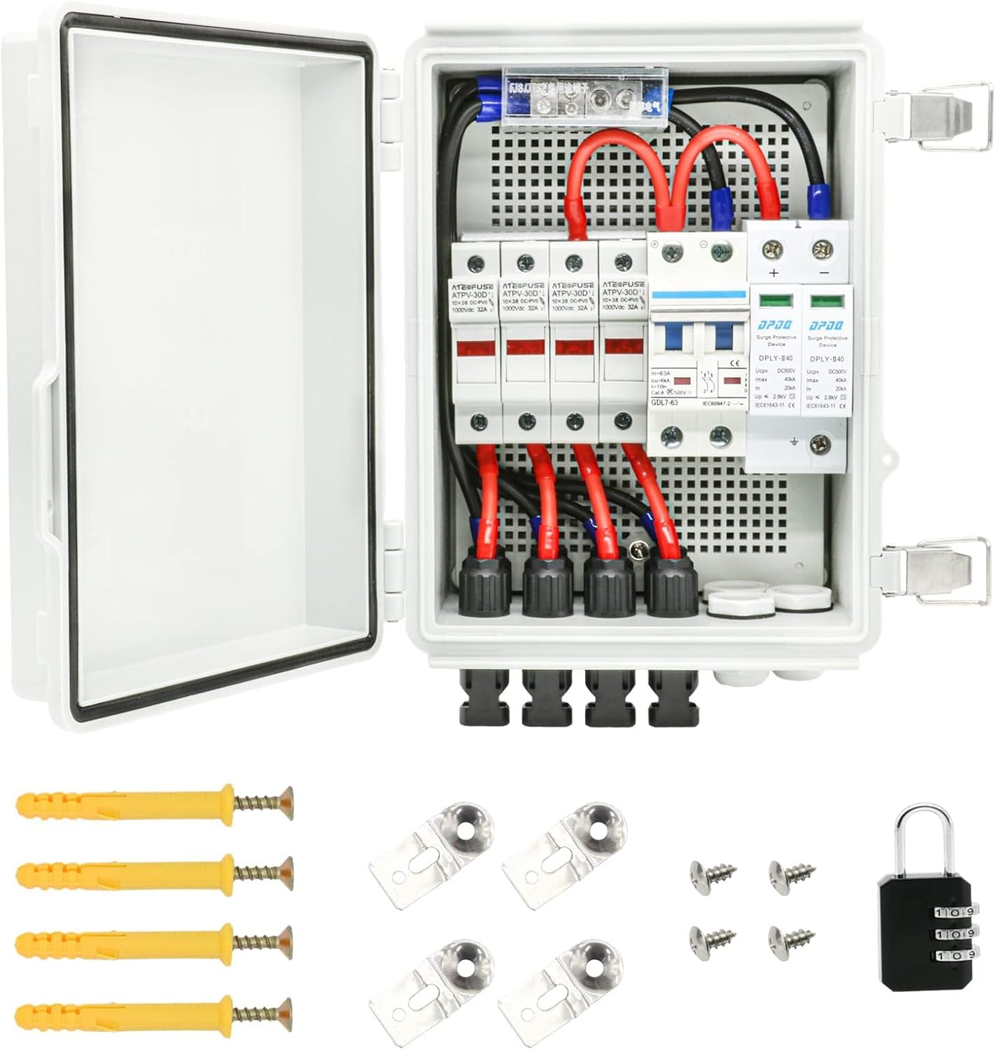 4 String Waterproof Solar Combiner Box with Lightning Arrester - 15A Fuse & 63A Circuit Breaker for Solar Panel Systems | Outdoor PV Array Protection for Home & Commercial Use