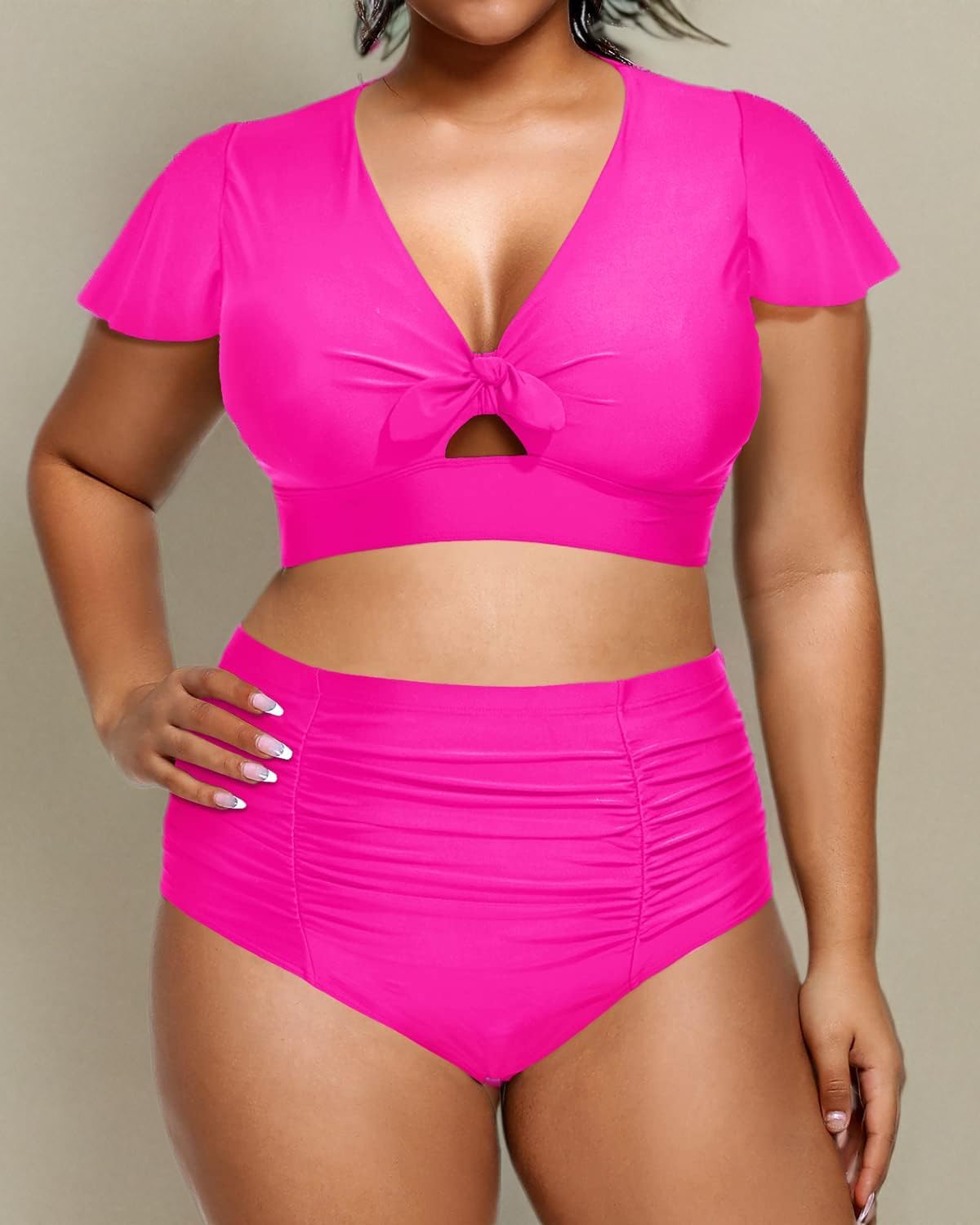 **Yonique Women's Plus Size High Waisted Bikini Set - Tummy Control Swimwear with Short Sleeves for Beach, Pool & Vacation | 2-Piece Bathing Suit**