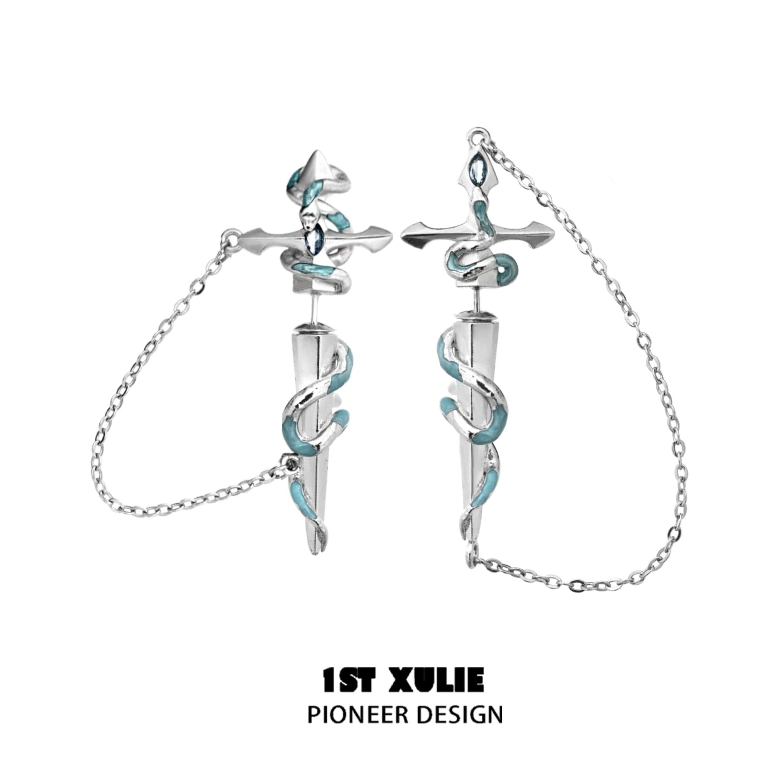 18K Platinum Plated Sword Chain Stud Earrings - Frozen Serpent Girl Gothic Jewelry for Women | Perfect for Cosplay, Halloween Costumes & Punk Fashion Accessories