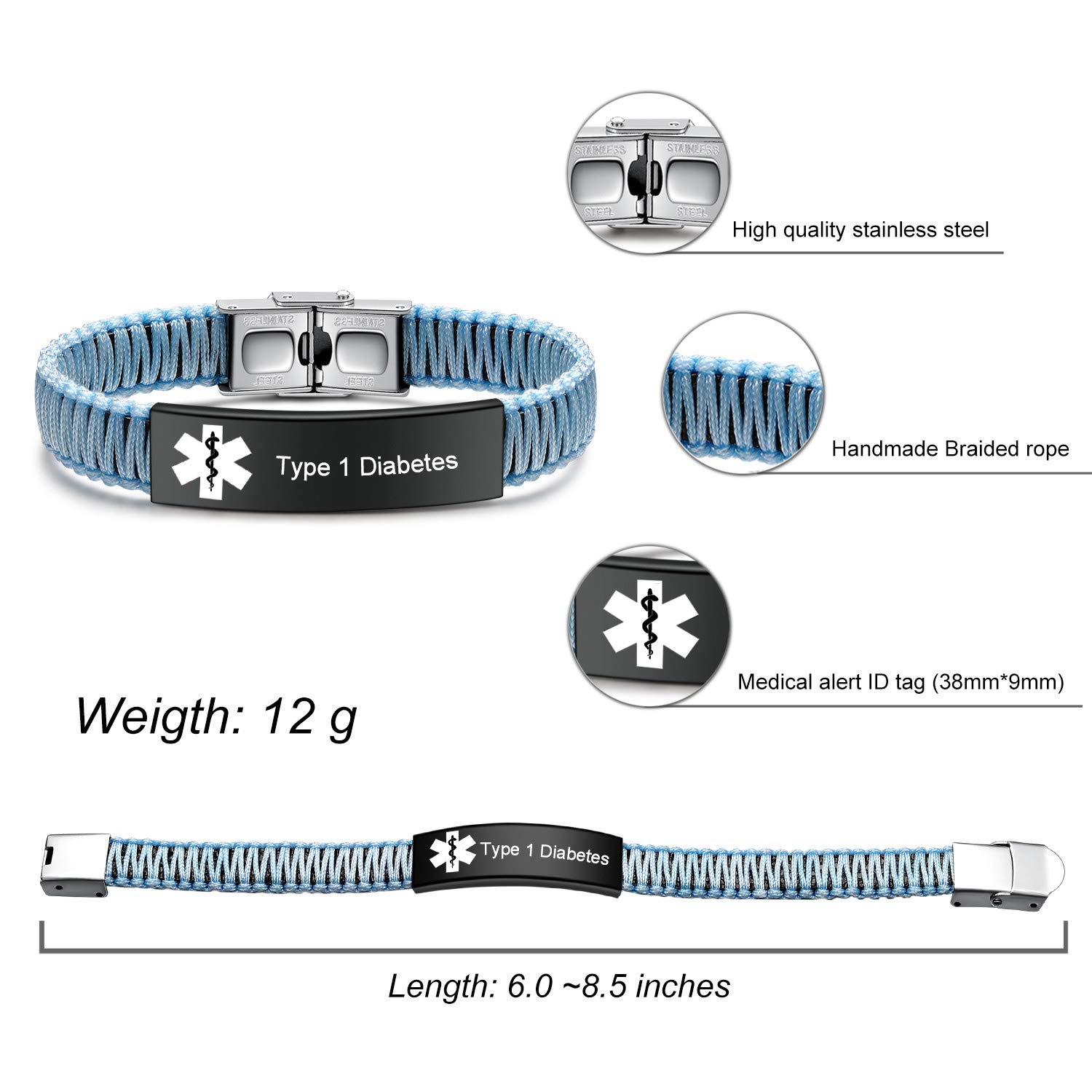 Diabetes Medical Alert ID Bracelet for Women & Men - Adjustable Handmade Nylon Braided Emergency Medical Bracelet - Perfect for Daily Wear, Travel & Emergency Situations