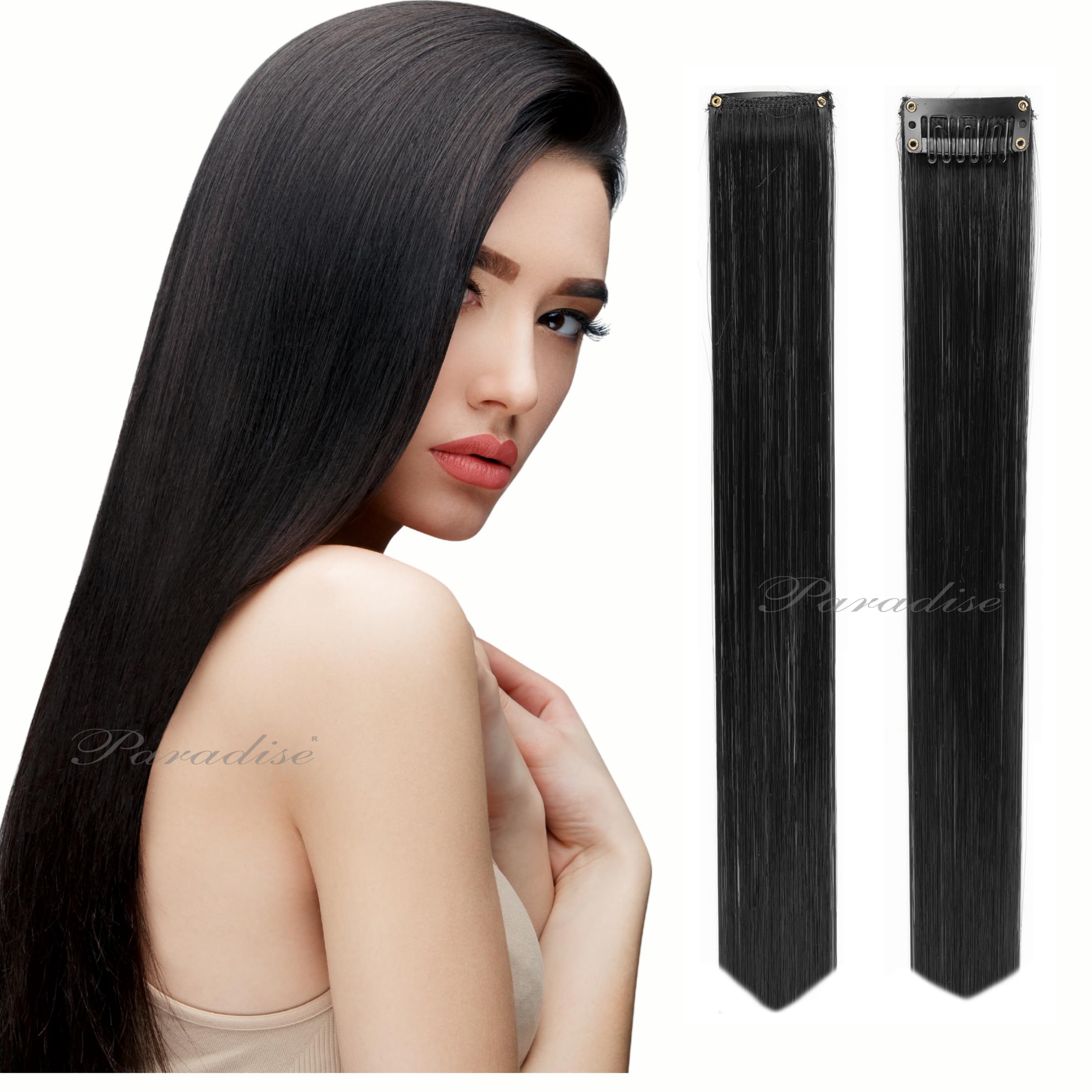 Paradise® 22 Inch Black Clip-in Hair Extensions for Women - 2 Pack Straight Synthetic Hair Wefts with Funky Colored Streaks | Perfect for Parties, Cosplay & Everyday Styling