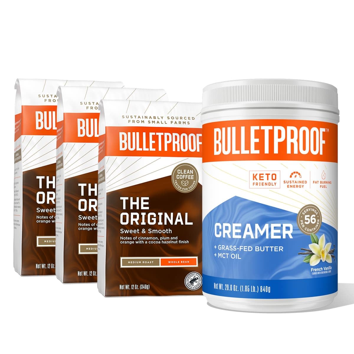 Bulletproof French Vanilla Creamer 29.6oz & Original Medium Roast Ground Coffee 12oz (3-Pack) - Perfect for Keto Coffee, Office Break or Morning Energy Boost