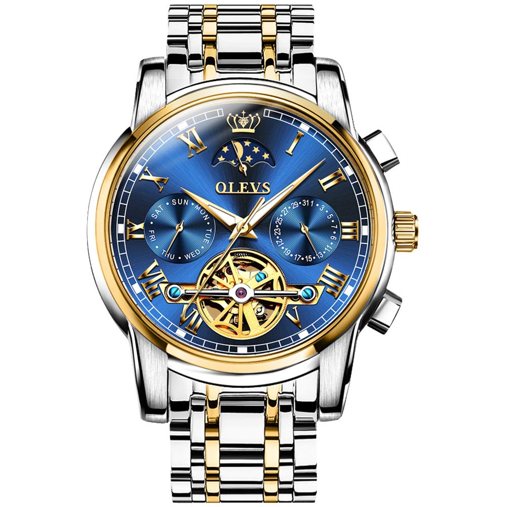 OLEVS Men's Automatic Skeleton Tourbillon Mechanical Watch - Self Winding Luxury Dress Watch with Moon Phase, Day Date, Waterproof & Luminous - Perfect for Business, Formal Events & Gift Giving