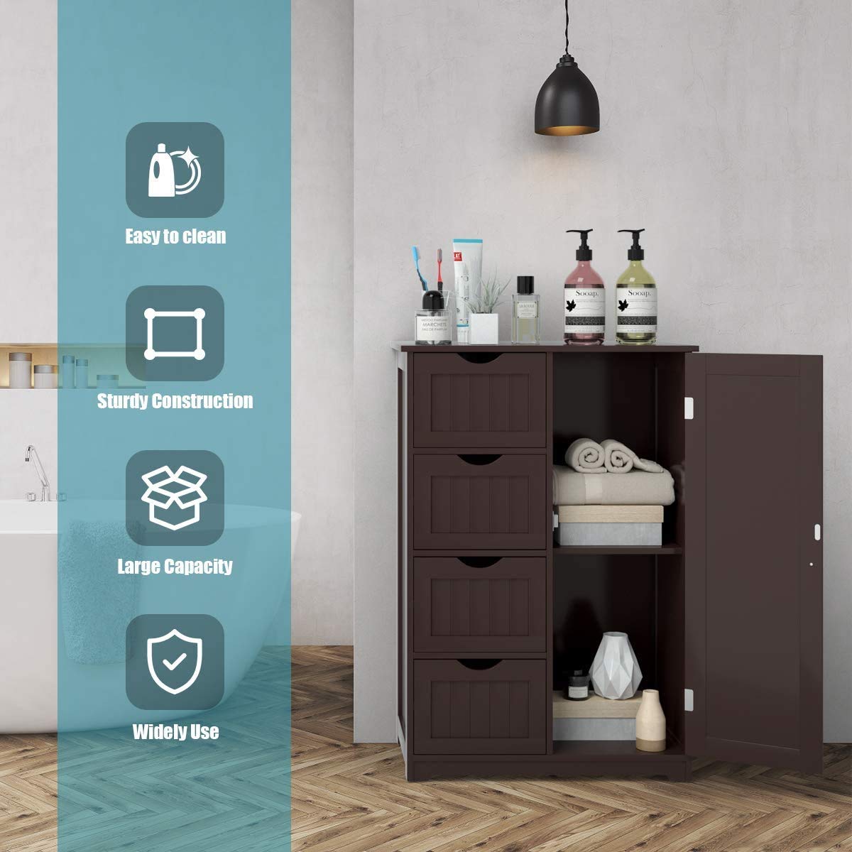 White Wooden Bathroom Storage Cabinet - Freestanding 4-Drawer Entryway Cupboard with Cabinet for Home, Office, Kitchen & Living Room (22