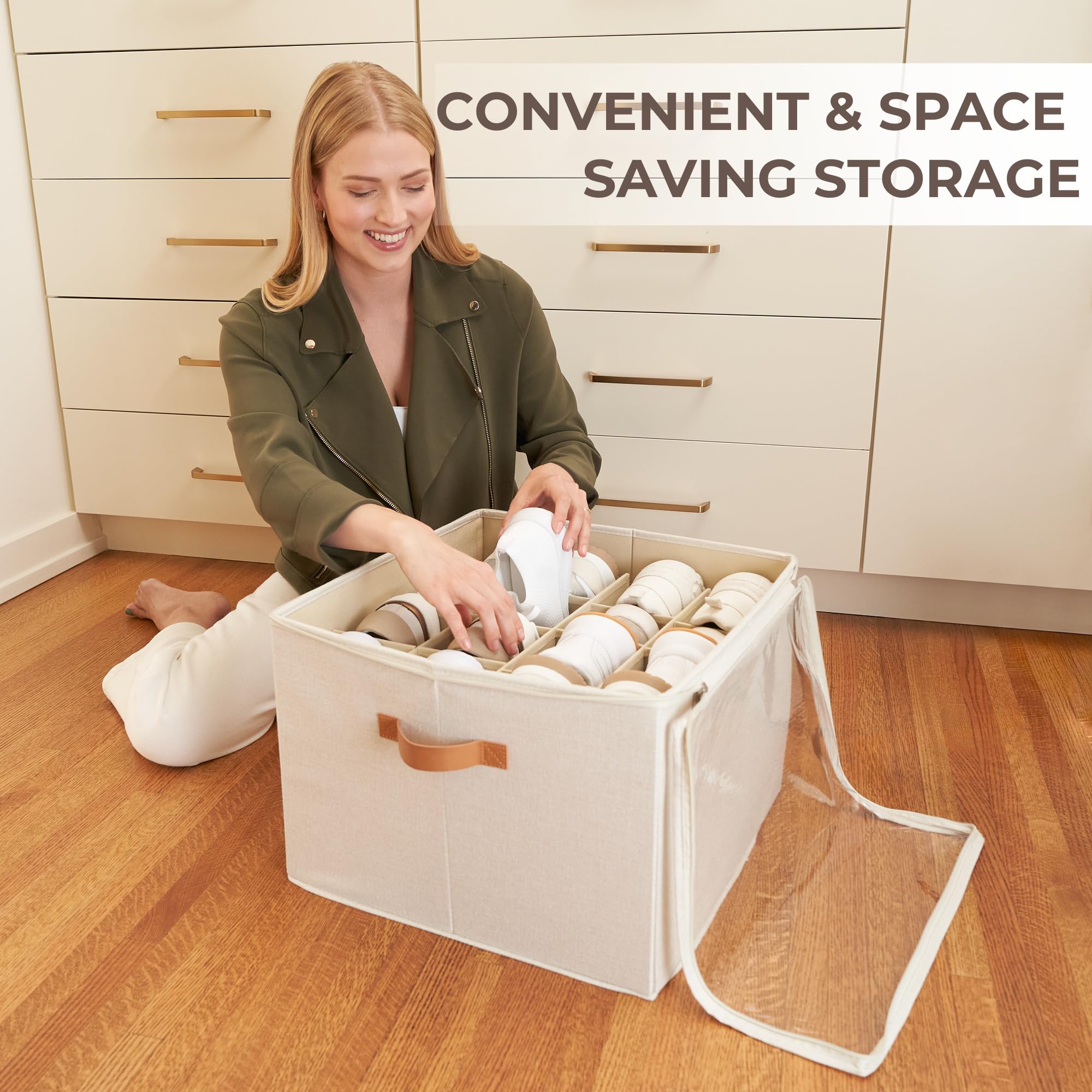 ZICOTO Shoe Organizer for Closet - Adjustable Linen Shoe Storage Box with Spacious Compartments | Space Saving Shoe Holder for Easy Access | Perfect for Bedroom, Entryway, and Walk-in Closet Organization