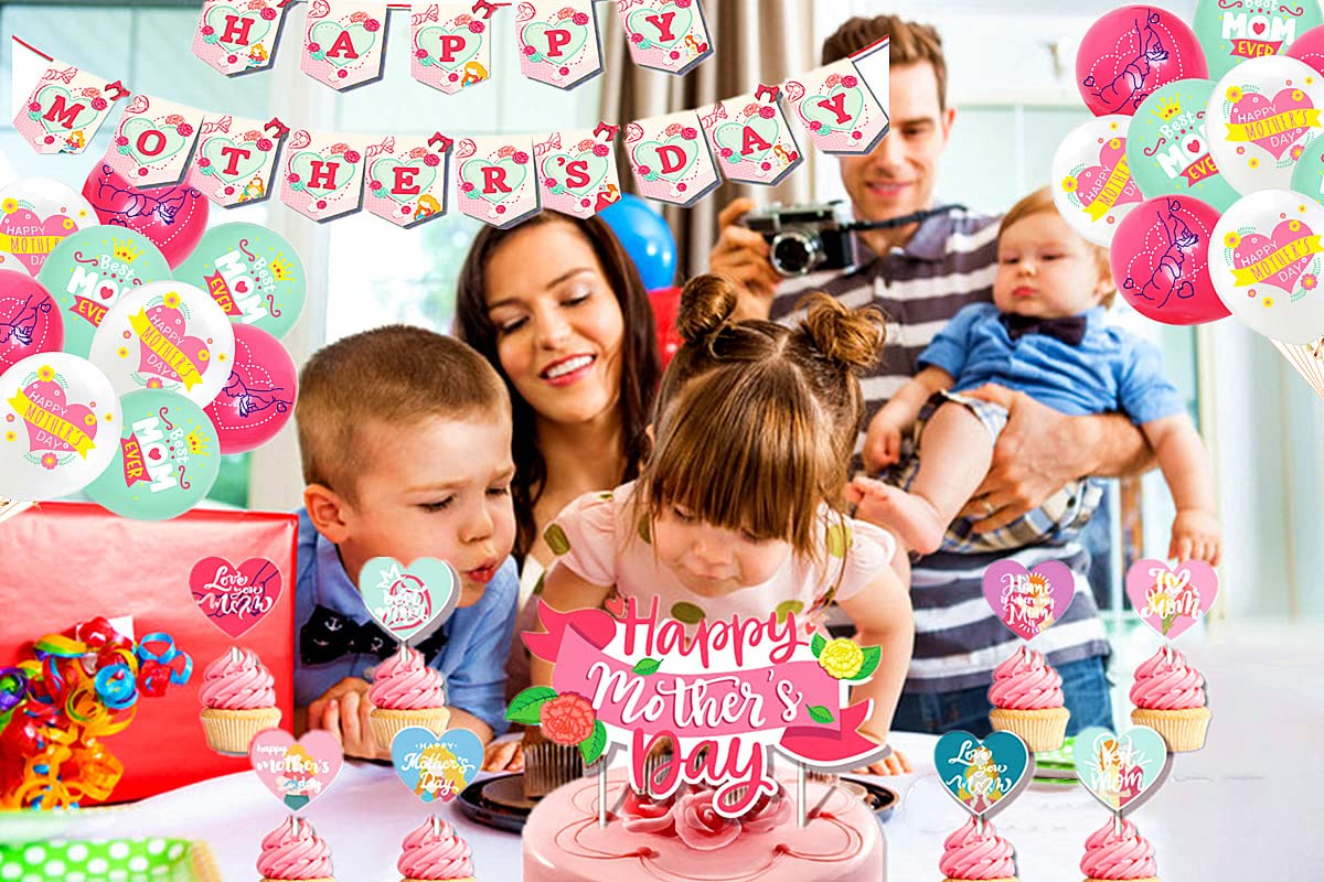 Happy Mother's Day Cake Topper & Floral Balloons Set - 43pcs Pink Party Decorations with Banner, Backdrop & Sign for Mom's Birthday Celebration | Perfect for Home, Office & Mother's Day Party Decor
