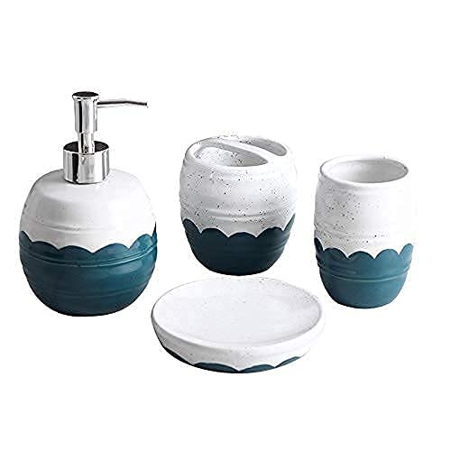 Premium 4-Piece Ceramic Bathroom Accessories Set - Soap Dispenser, Toothbrush Holder, Tumbler & Soap Dish in Elegant White & Blue | Modern Vanity Organization for Home, Hotel & Guest Bathrooms