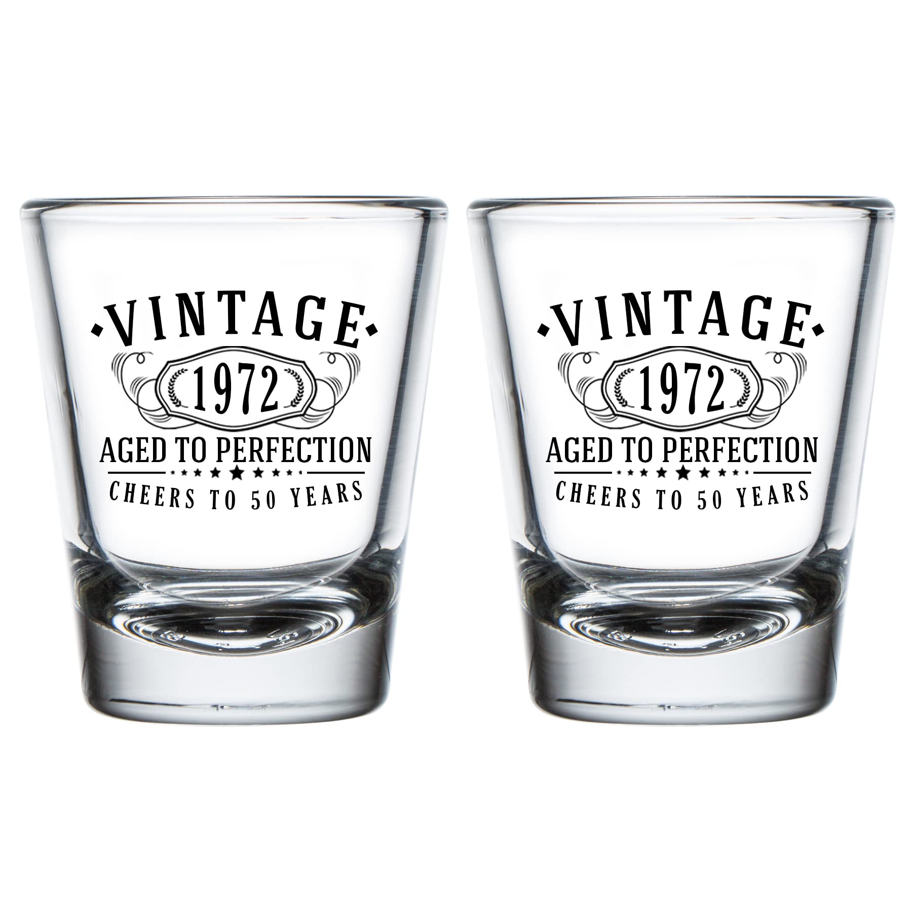 Vintage 1972 Printed 1.75oz Shot Glasses (2-Pack) - Perfect 50th Birthday Gift & Anniversary Present - Aged to Perfection - Great for Whiskey, Tequila & Cocktail Parties, Bar Decor & Retro Themed Events