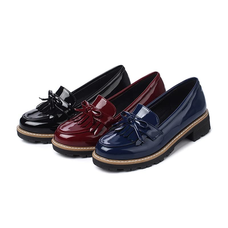 Women's Black Patent Leather Tassel Penny Loafers - Slip On Low Heel Pumps Shoes for Work, Office & Casual Outfits | Comfortable & Stylish Footwear