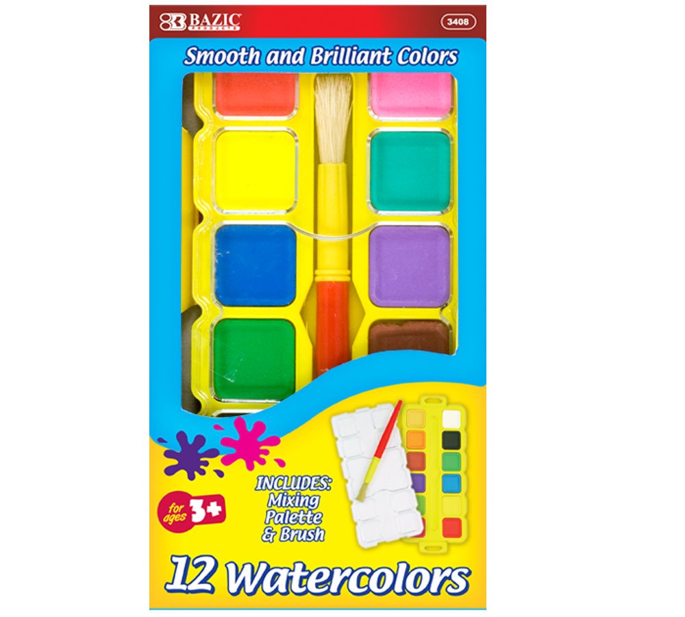 BAZIC 12-Count Watercolor Paint Set with Brush & Mixing Palette - Perfect for Kids Art Projects, School Supplies & DIY Craft Painting