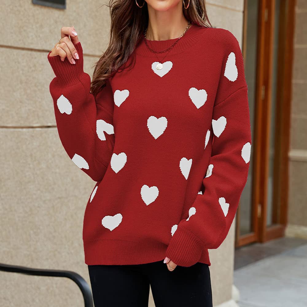 Women's Cute Heart Print Oversized Sweater - Loose Casual Crewneck Long Sleeve Pullover Knit Top for Women & Girls | Perfect for Fall, Winter & Cozy Outfits