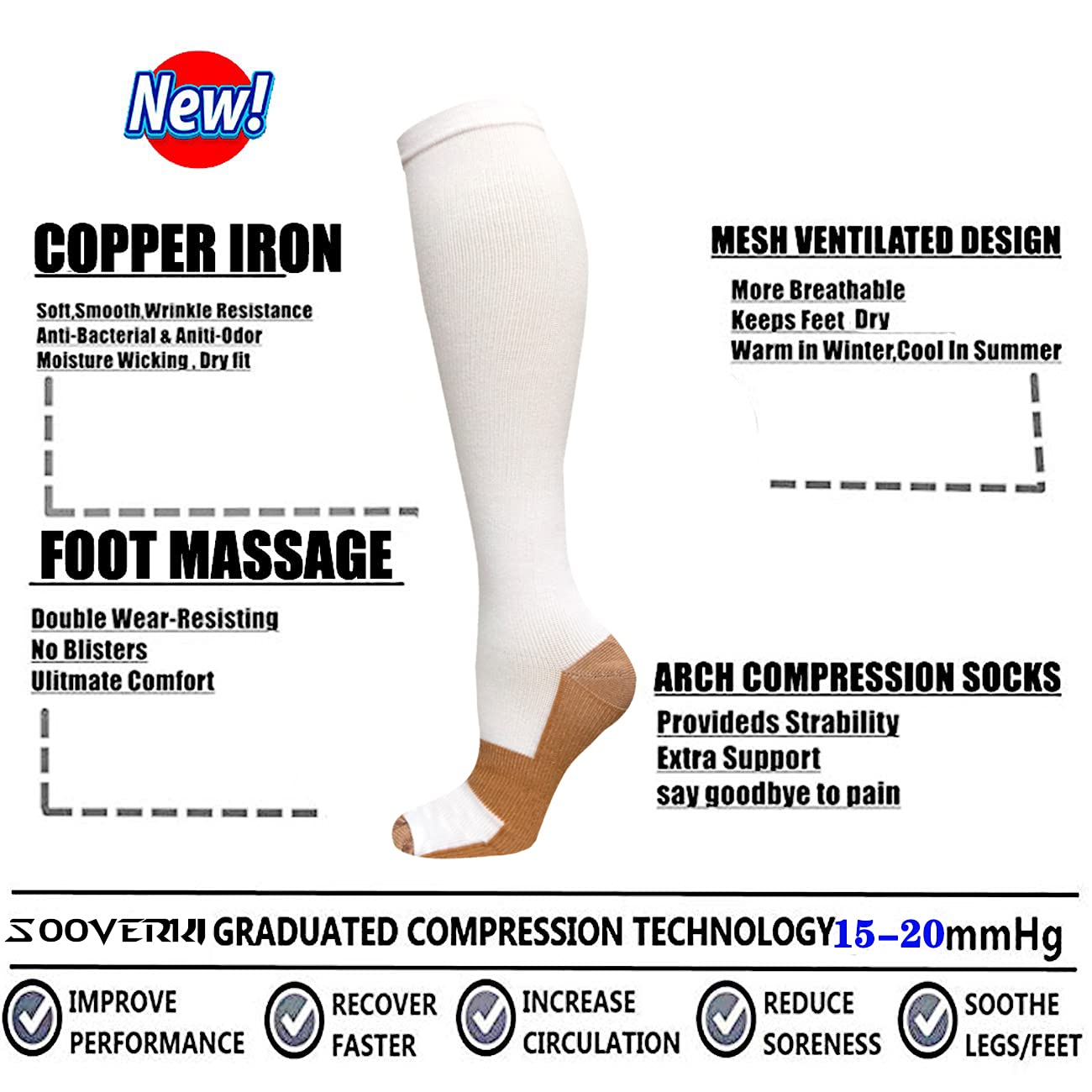 **Graduated Copper Compression Socks for Men & Women (8 Pairs) - 15-20mmHg Support for Running, Cycling & Athletic Performance - Improve Blood Circulation & Recovery**    *(Perfect for Marathon Training, Travel, Workouts & Post-Surgery Recovery)*