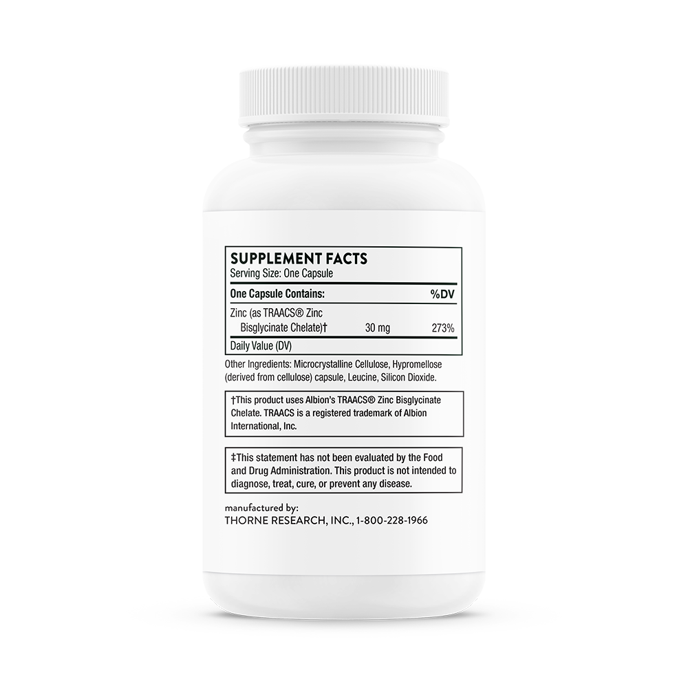 Thorne Zinc Bisglycinate 30mg Supplement - Highly Absorbable Zinc Picolinate for Immune Support & Skin Health - Vegan, Non-GMO (60 Capsules) - Ideal for Daily Wellness & Immune System Boost