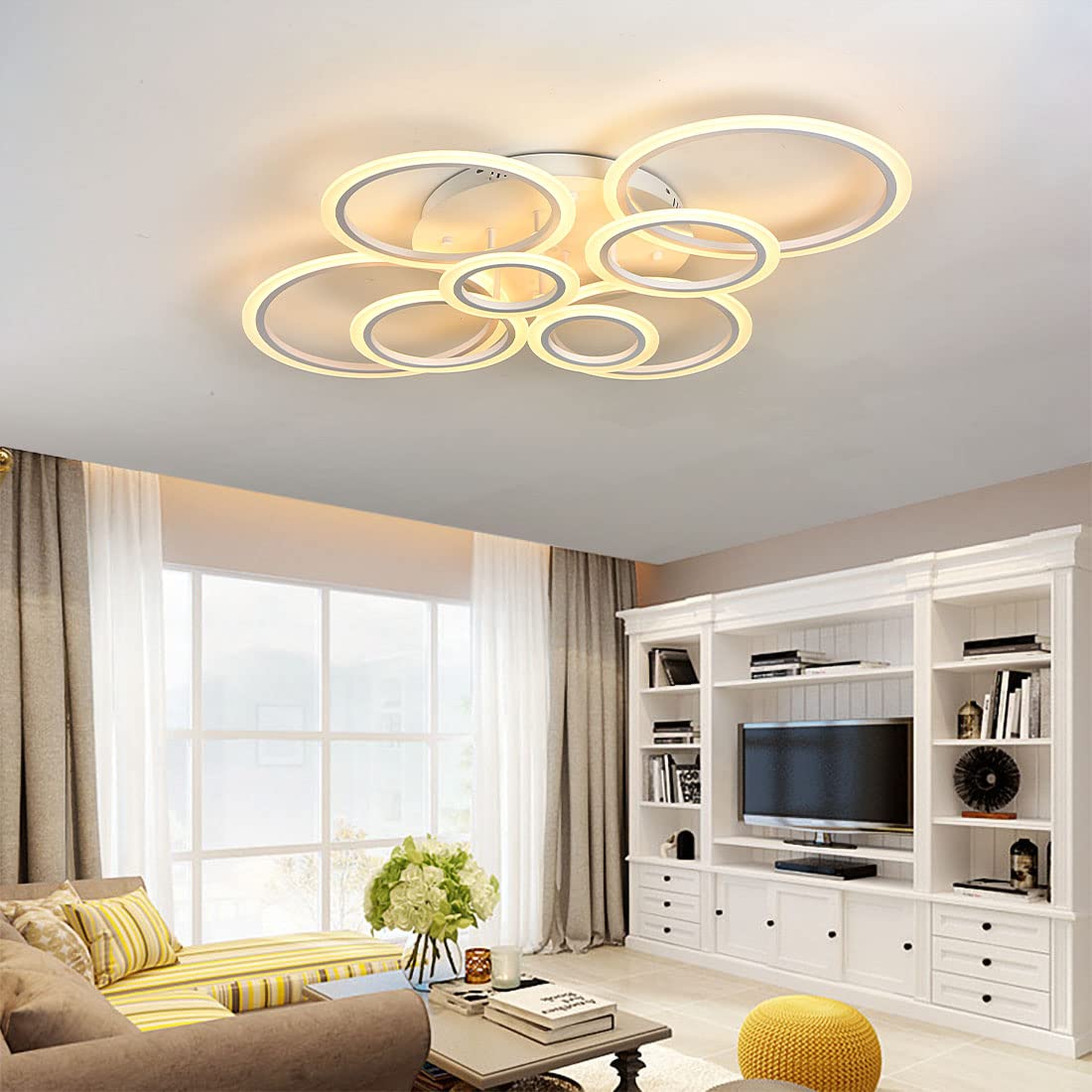 41 Inch Modern LED Flush Mount Ceiling Light - Dimmable 8 Ring White Fixture with Remote Control for Living Room, Bedroom, Kitchen & Dining Room | Perfect for Ambient Lighting and Home Decor