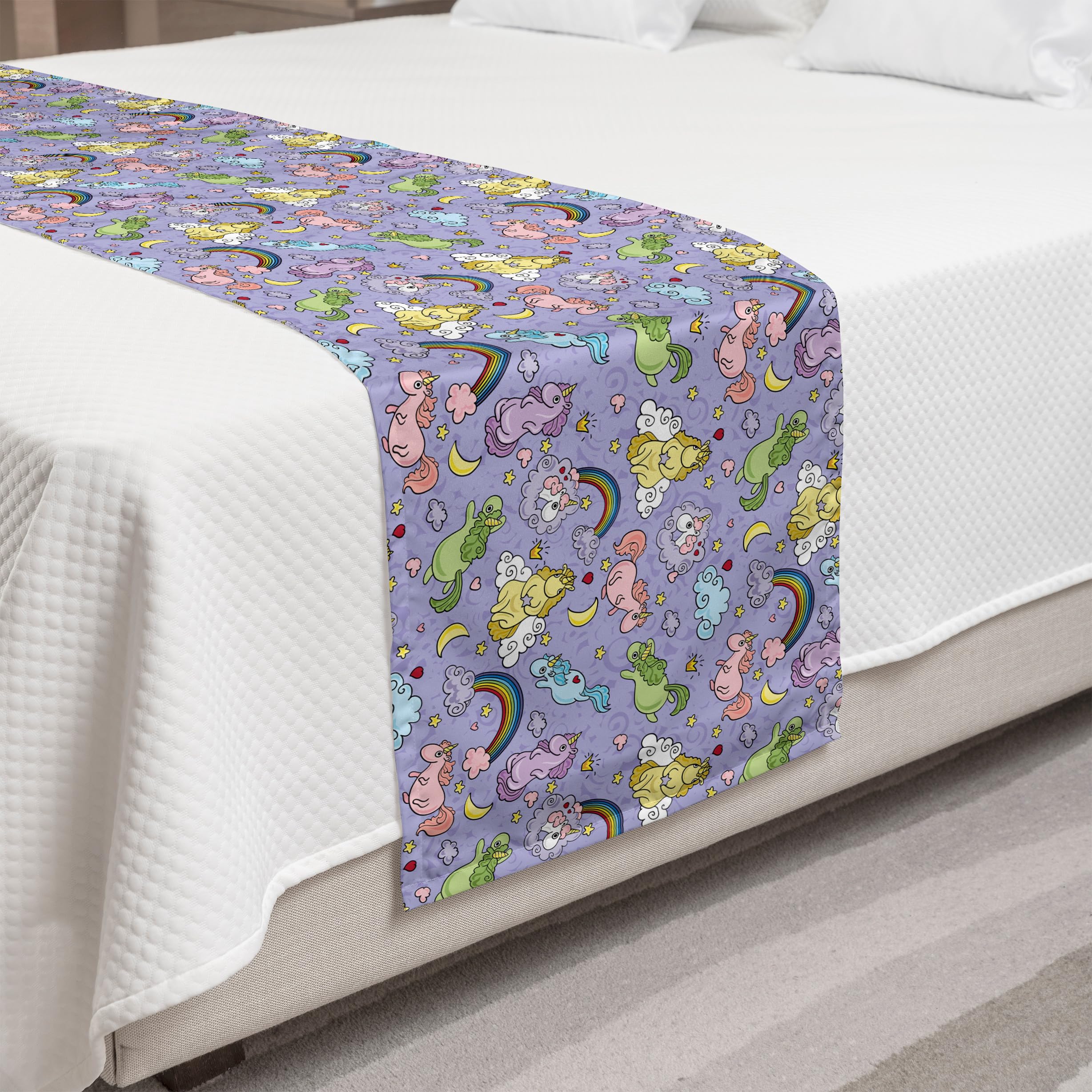 Ambesonne Rainbow Bed Runner with Colorful Unicorns Flying in Clouds - Decorative Bedding Scarf for Queen Size Beds | Perfect for Home Decor, Guest Rooms & Hotels | Mustard Lavender Blue Design | Great for Kids' Rooms, Themed Bedrooms & Cozy Home Styling