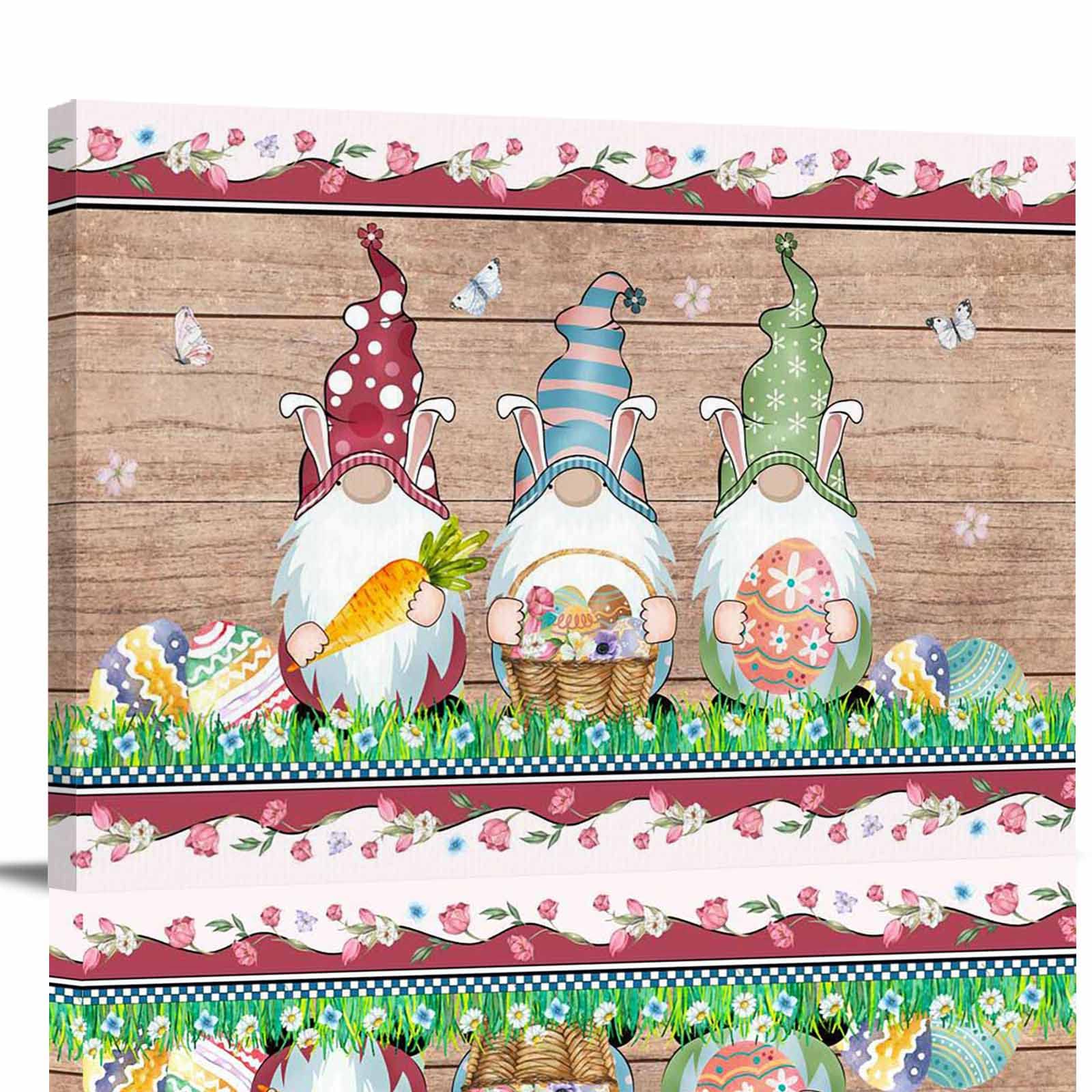 COLORSUM Easter Canvas Wall Art - Bunny Gnome with Easter Eggs & Tulip Flowers - Stretched Framed Painting Ready to Hang - 36x24 Inch - Perfect for Living Room, Bedroom, Kitchen Decor - Great for Easter Home Decorations & Spring Wall Art